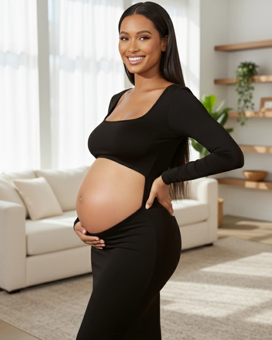 Long Sleeve Bump-Revealing Bodycon Maternity Maxi Dress
