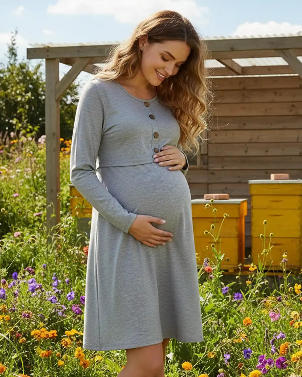 Button-Front Empire Waist Long Sleeve Nursing Dress