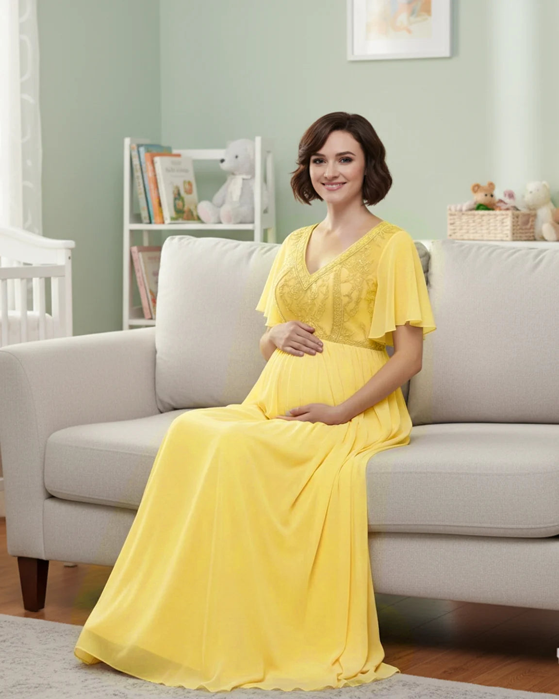 Embroidered Bodice Long Train Maternity Photoshoot Gown