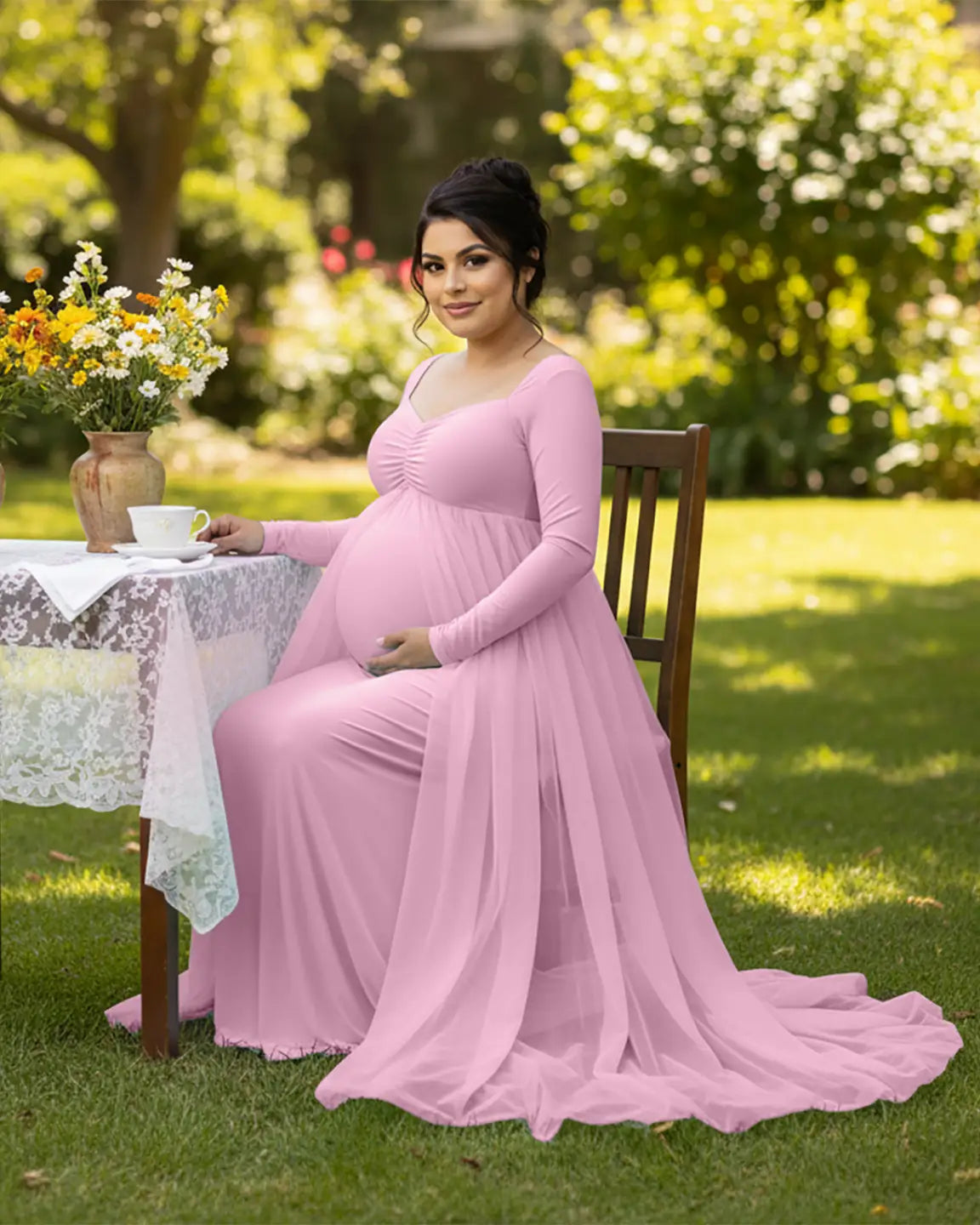 Sheer Mesh Flowy Train Maternity Maxi Dress