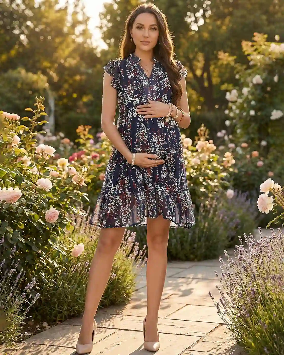 Flutter Sleeves Floral Print Maternity Dress