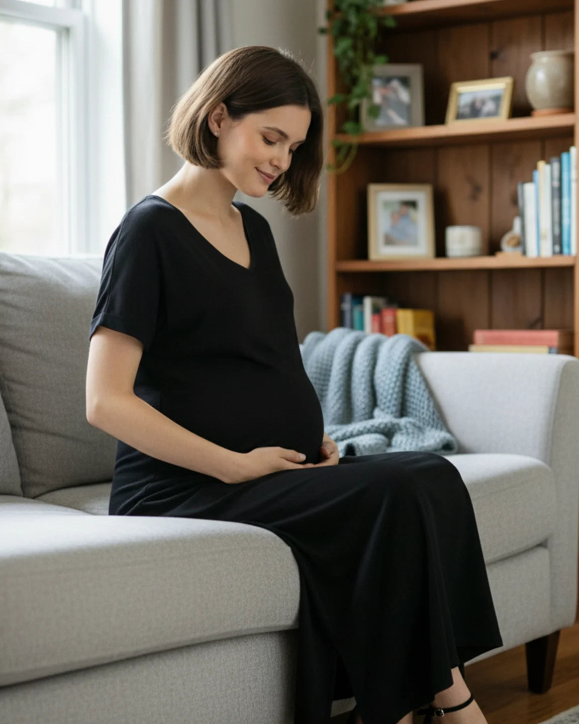 Soft V-Neck Relaxed Fit Maternity Midi Dress