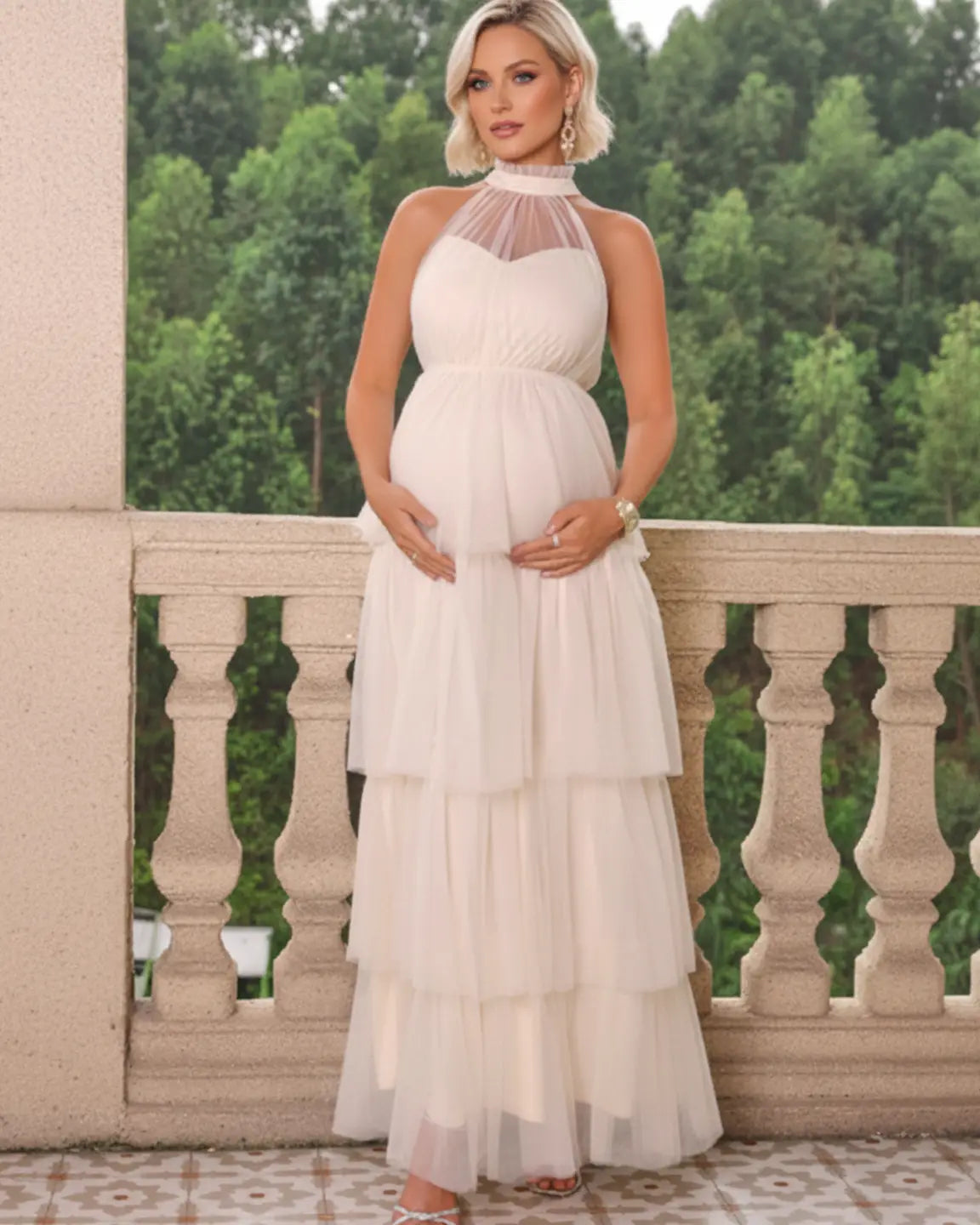 Halter Neck Tiered Mesh Maternity Gown