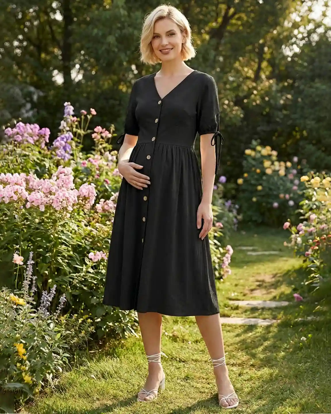 Tie Sleeve A-Line Maternity Midi Dress
