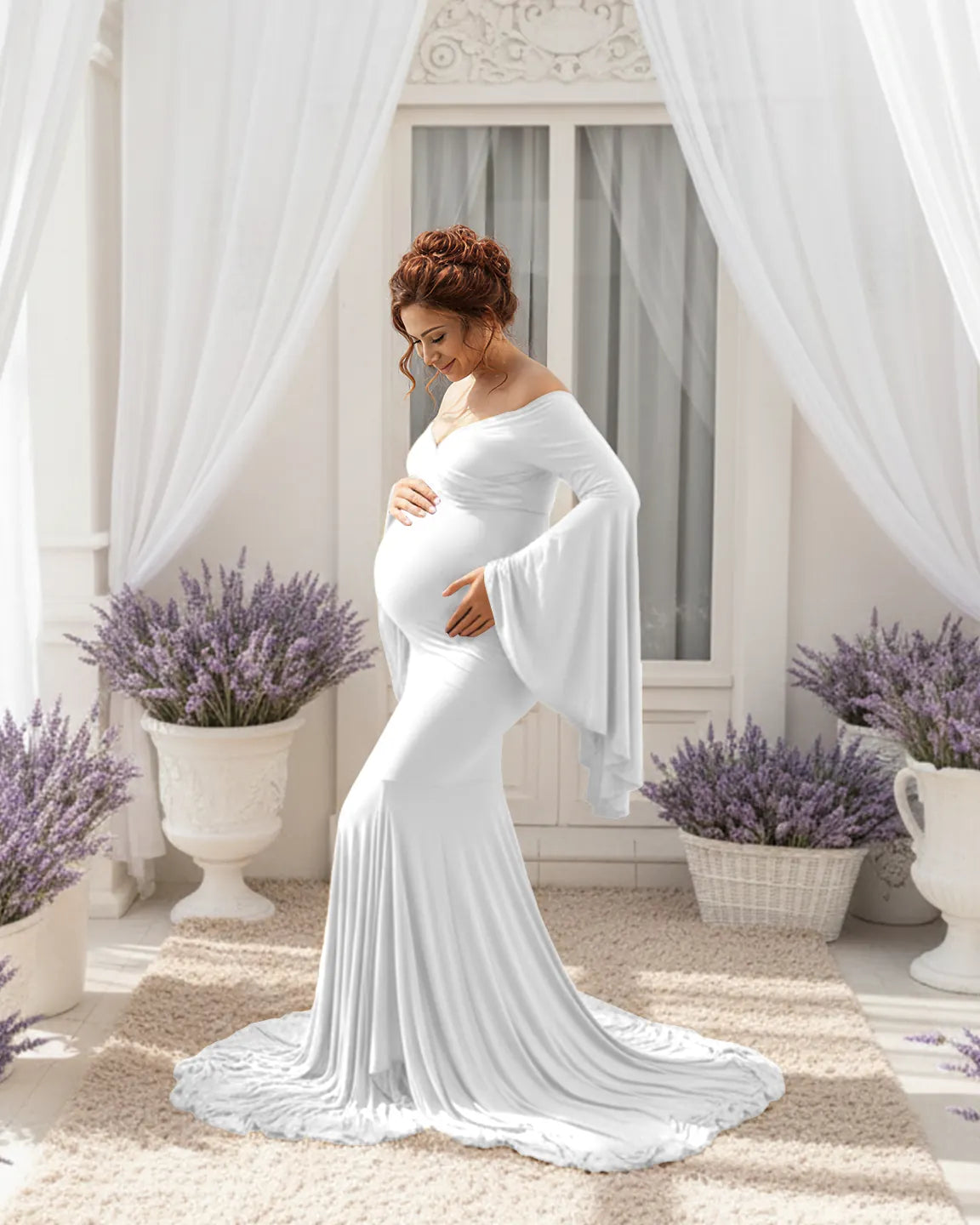 Flared Sleeve Fishtail Train Maternity Photoshoot Dress