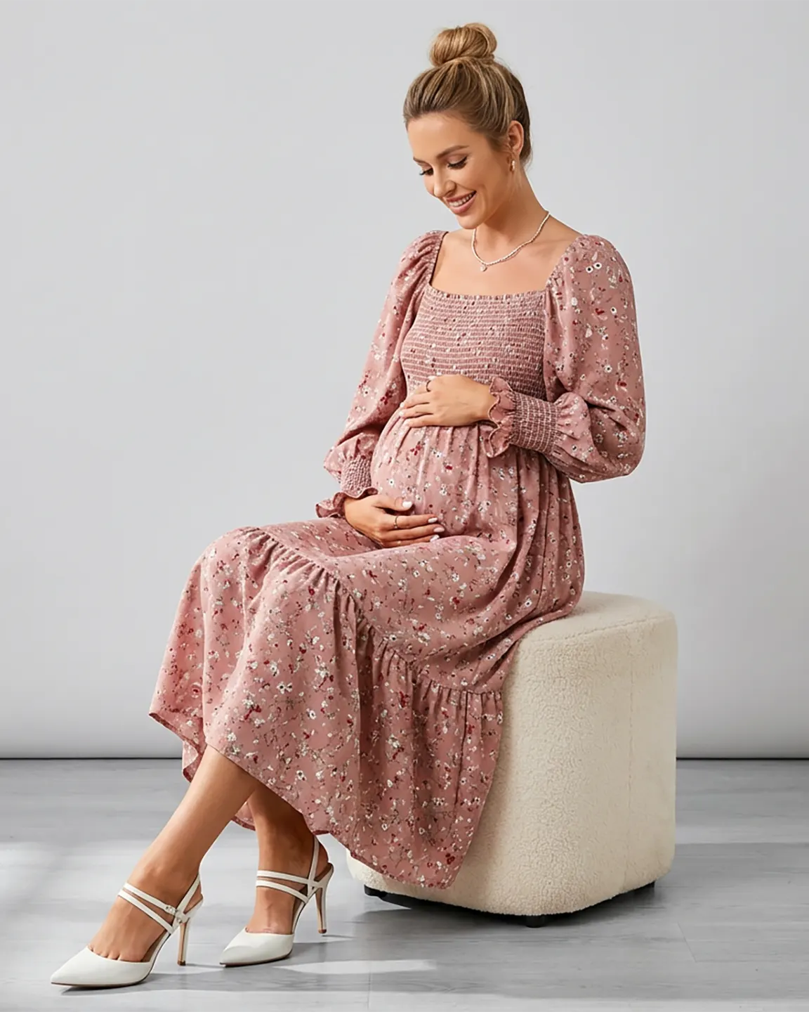 Smocked Bodice Feminine Maternity Midi Dress