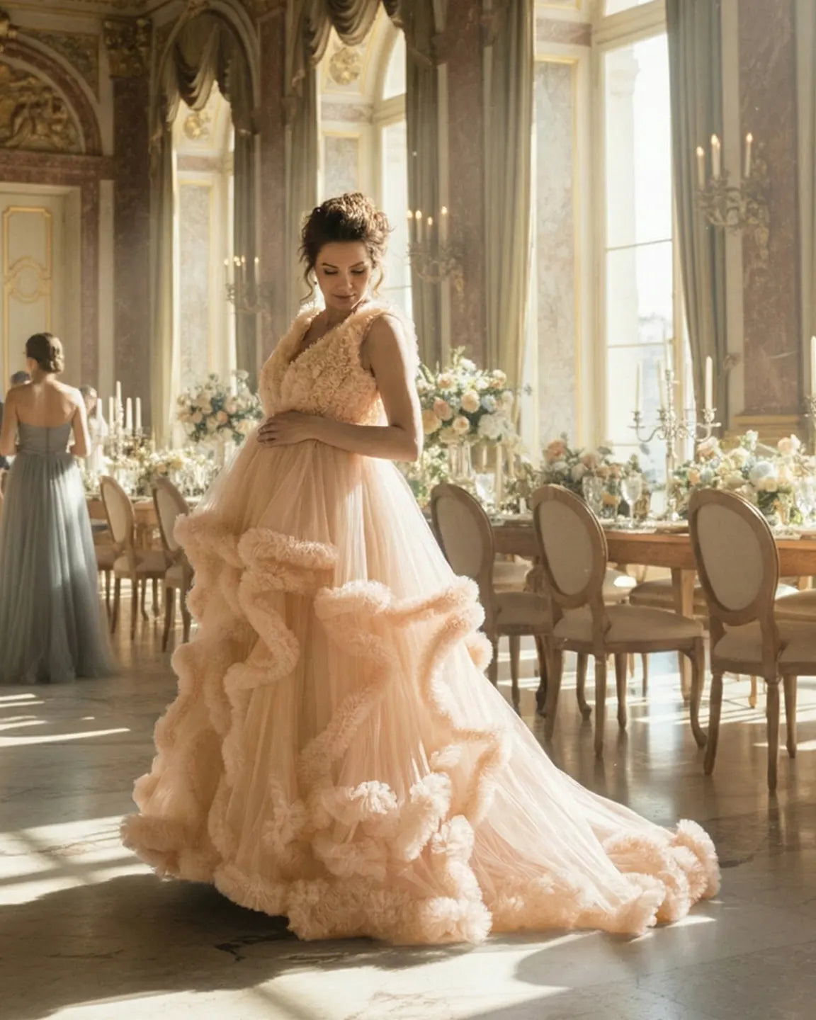 Ruffled Bodice Multi-Layer Mesh Pleats Maternity Gown