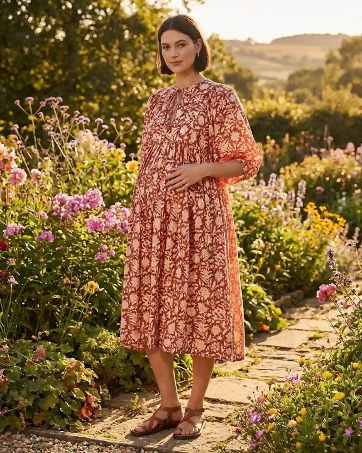 Puff Sleeve Floral Print Loose Maternity Dress