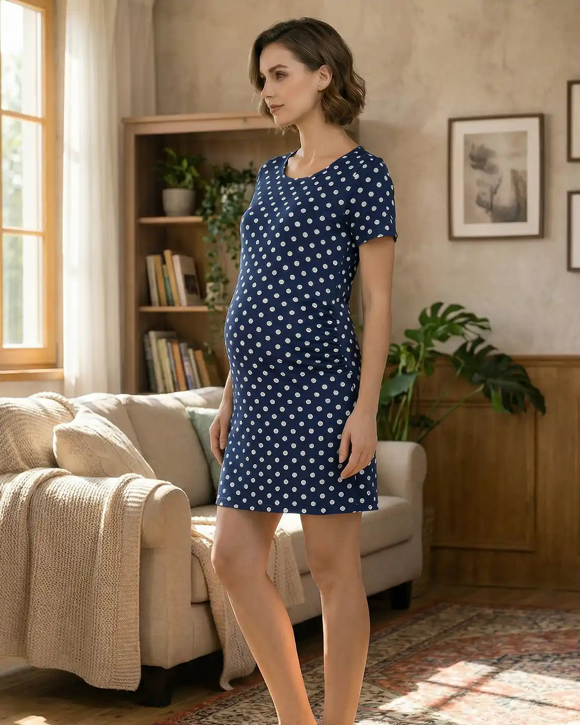 Ruched Bodycon Polka Dot Maternity Mini Dress