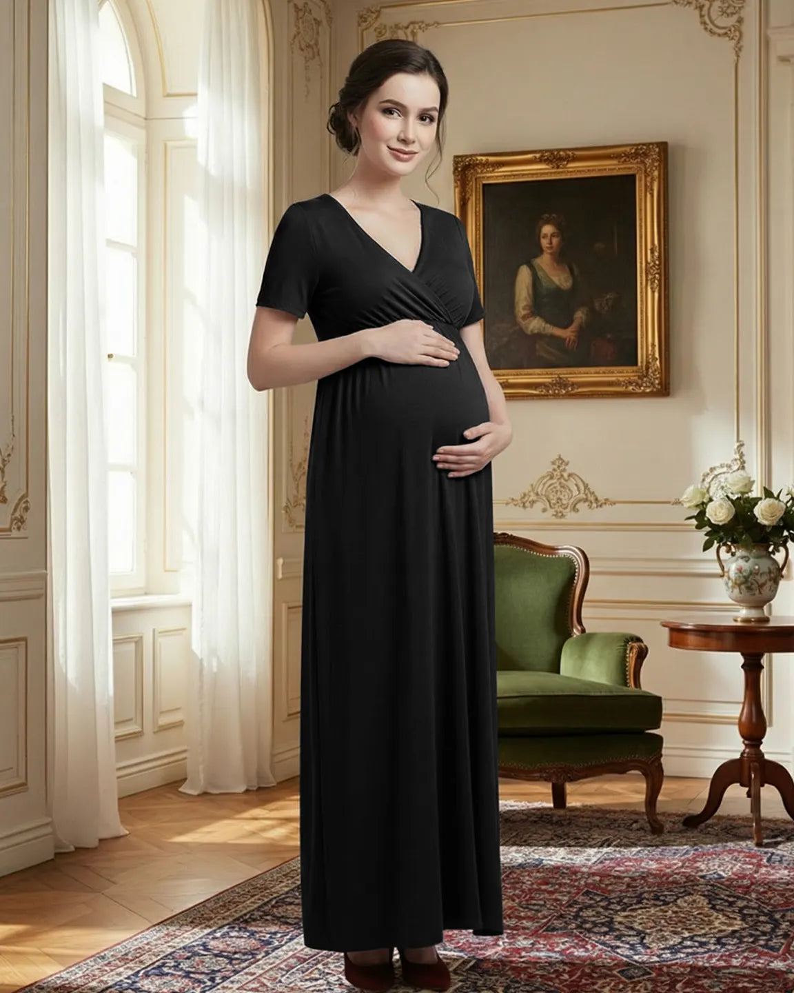 Crossover V-Neck Flowy Silhouette Maternity Maxi Dress