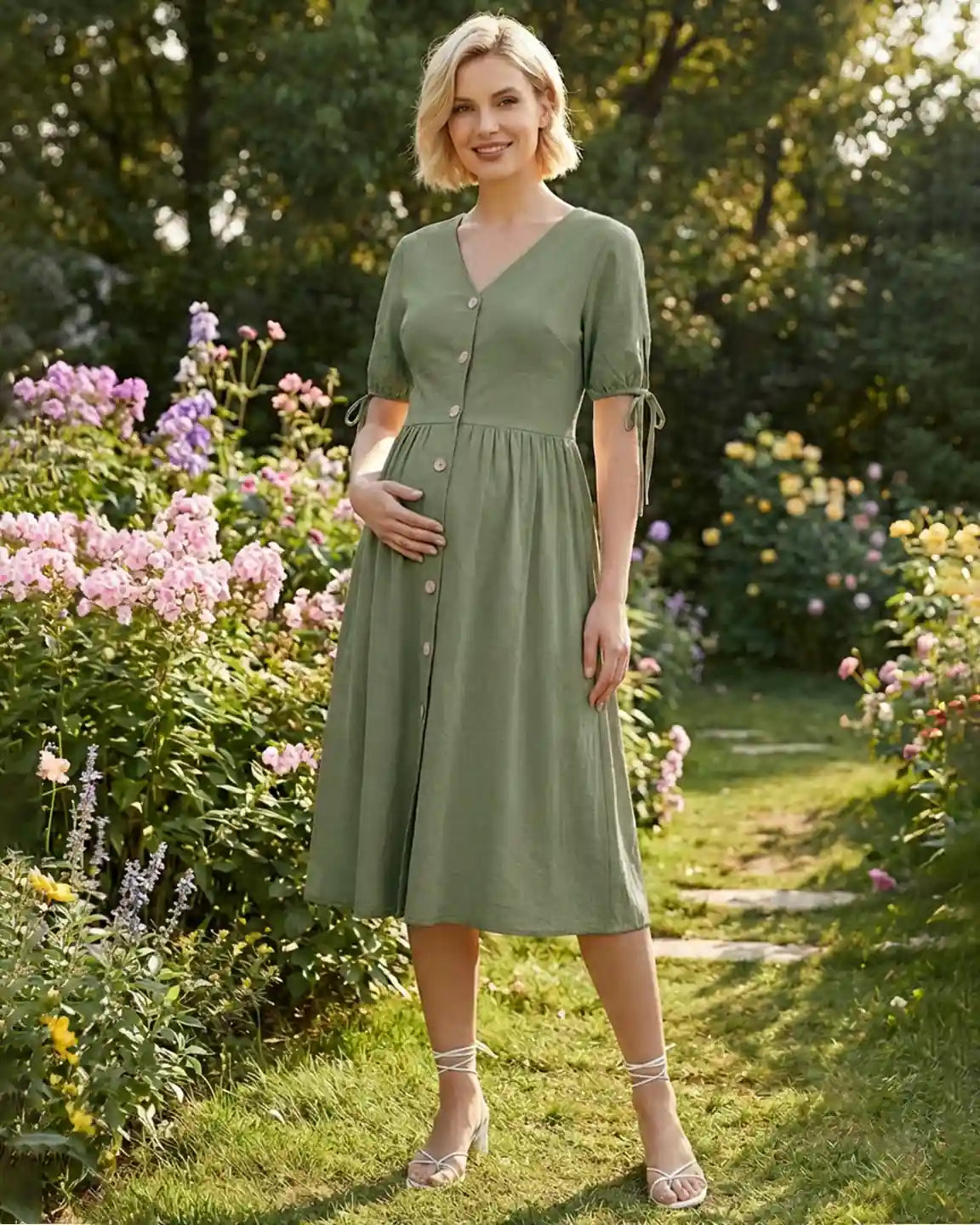 Tie Sleeve A-Line Maternity Midi Dress