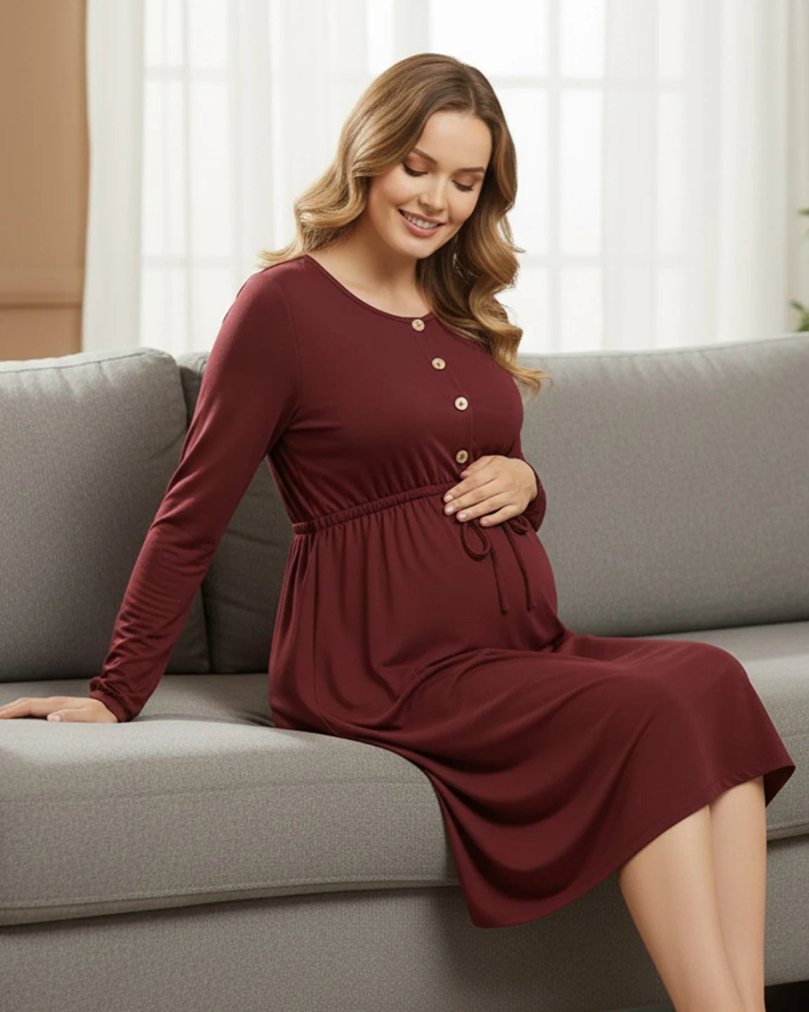 Button-Front Drawstring Waist Maternity Dress