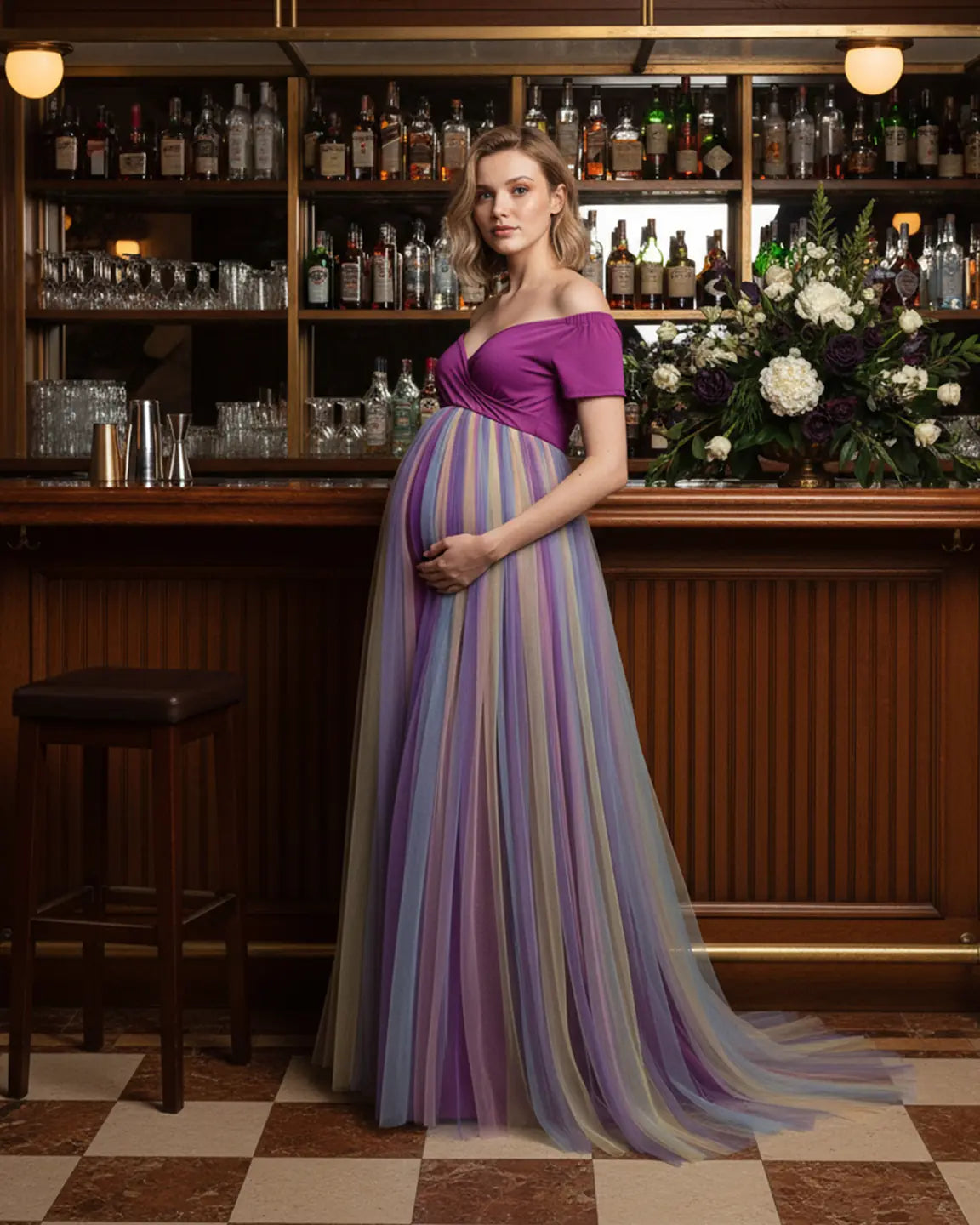 Ruffled Tulle Pastel Empire Maternity Photoshoot Gown
