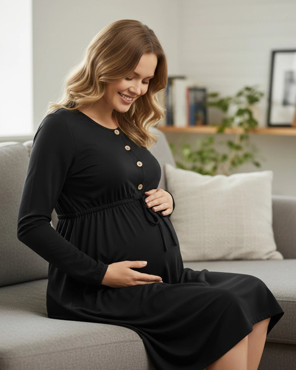 Button-Front Drawstring Waist Maternity Dress