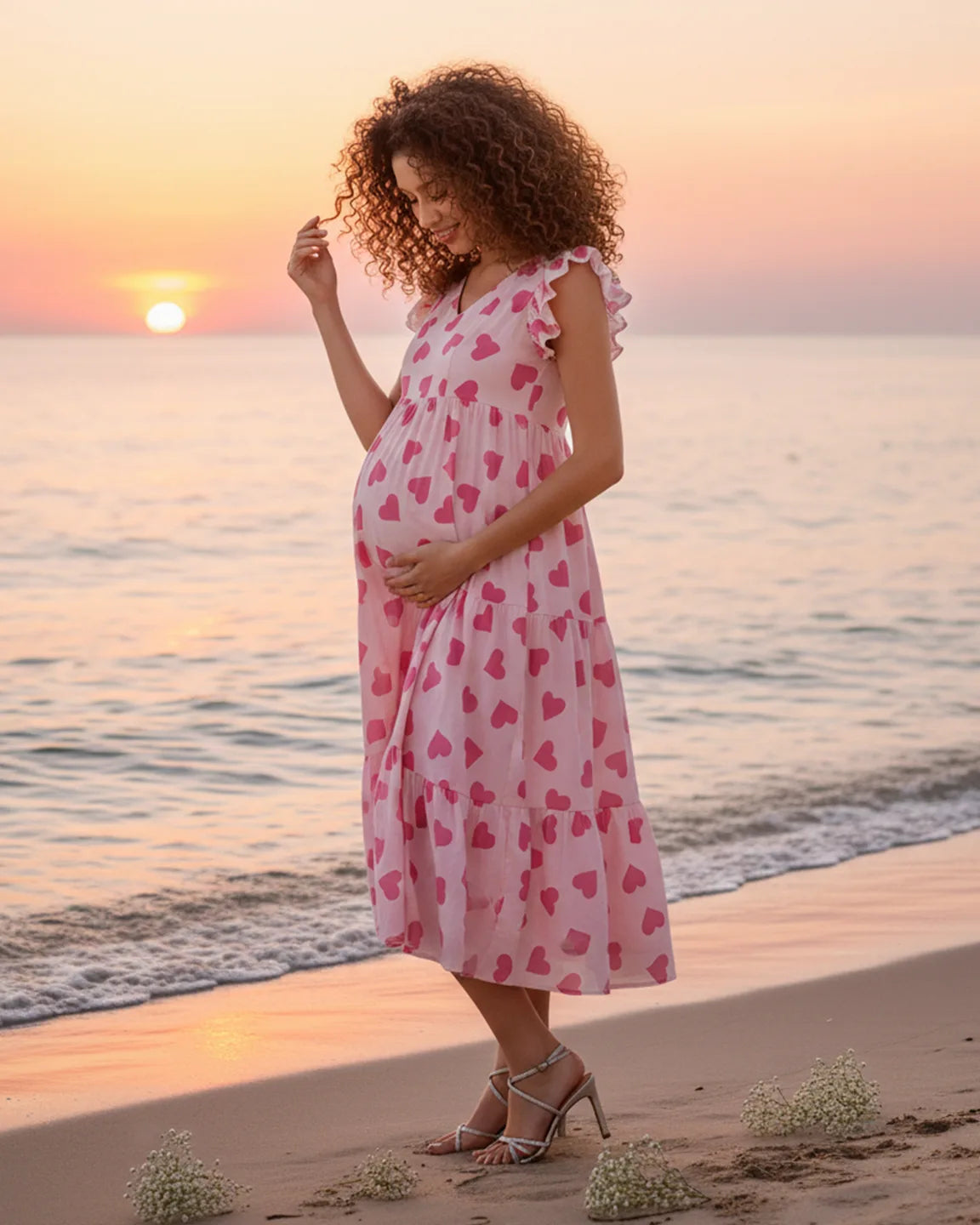 Tiered Skirt Heart Print Maternity Midi Dress