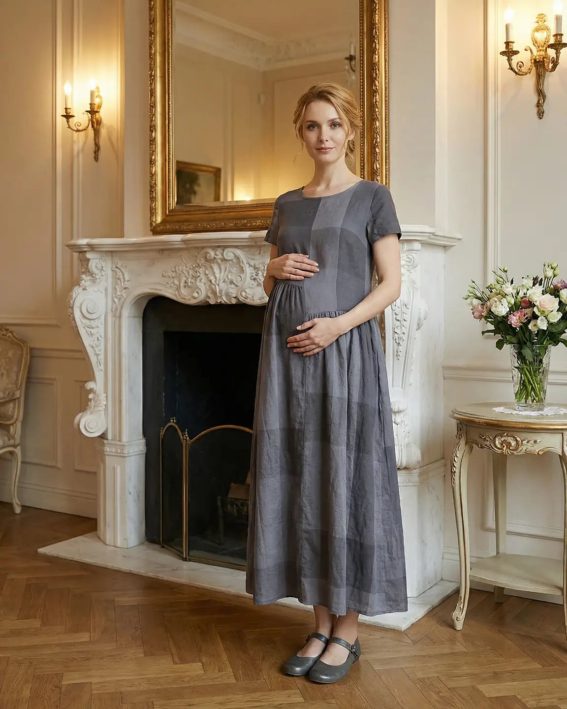 Plaid Short Sleeve Babydoll Maternity Maxi Dress