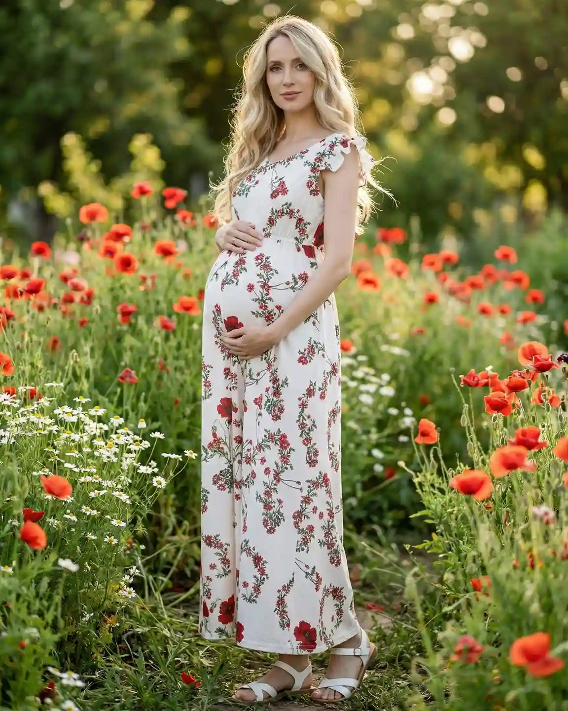Ruffle Shoulder Floral Maternity Maxi Dress