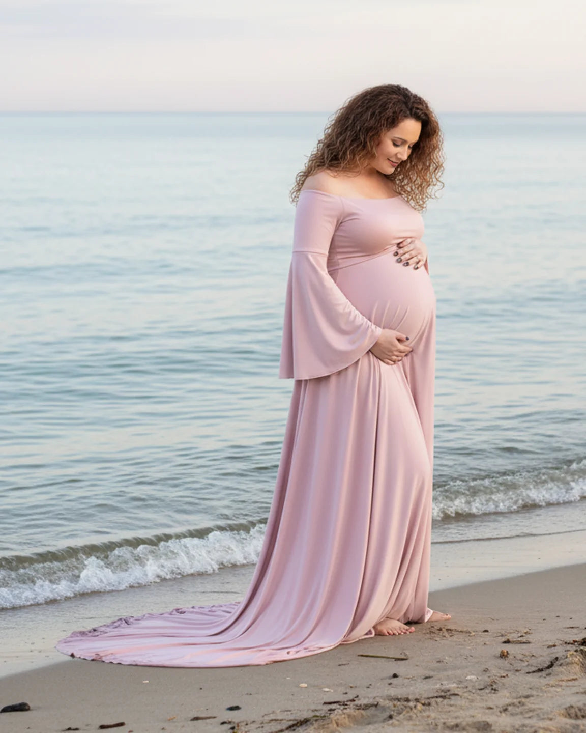 Off-Shoulder Bell Sleeve Boho Maternity Photoshoot Maxi Dress