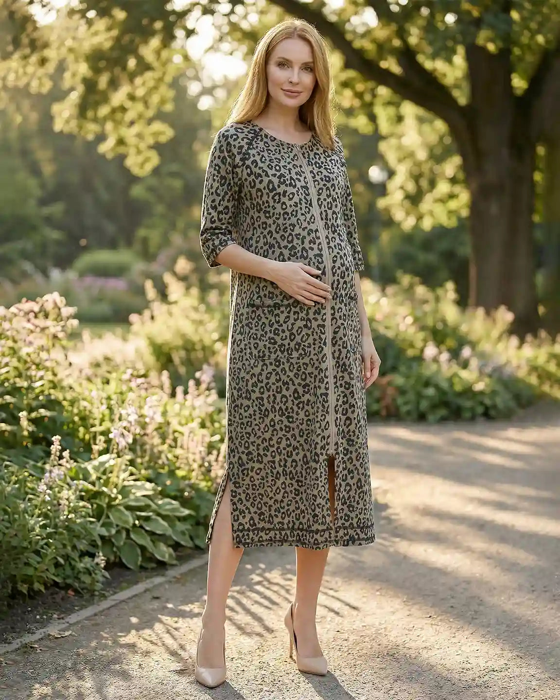 Front Zipper Leopard Print Maternity Nursing Lounge Dress
