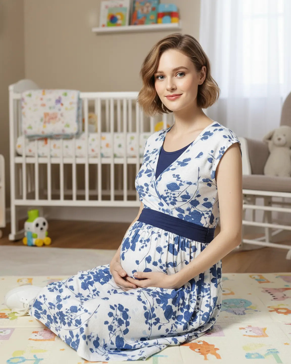 Crossover V-Neck Floral A-Line Maternity Midi Dress
