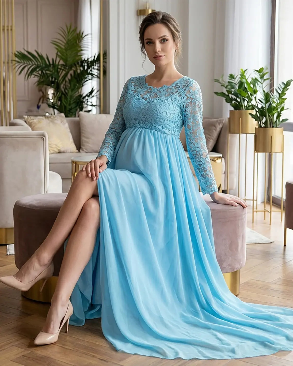 Lace Bodice Trailing Skirt Maternity Photoshoot Gown