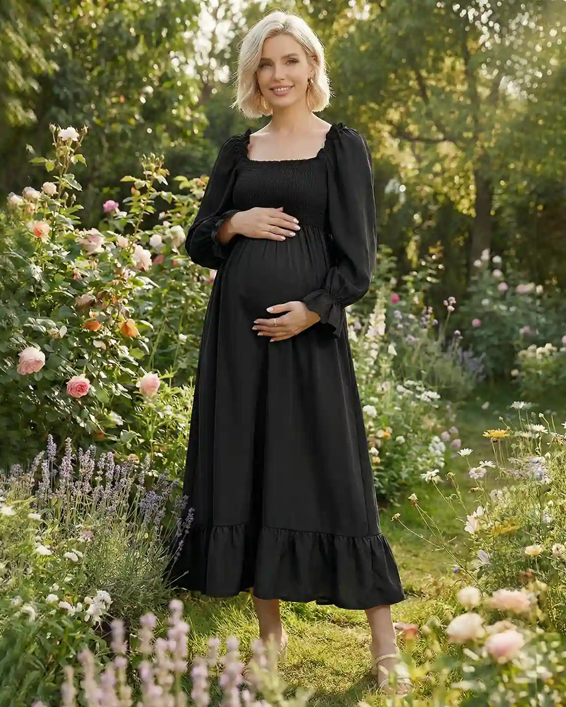 Ruffled Square-Neck Babydoll Maternity Maxi Dress