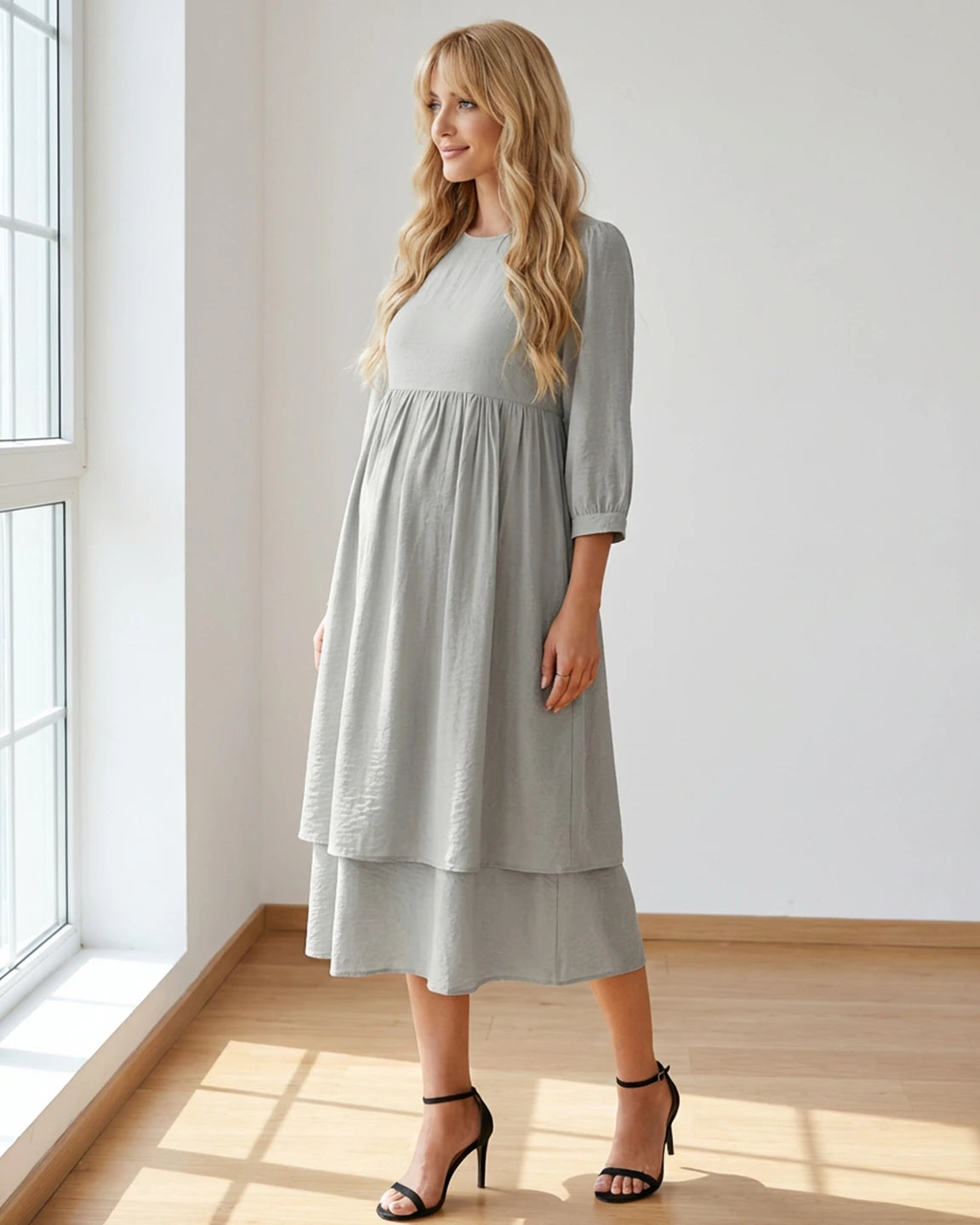 Quarter Sleeve Ruffle Skirt Maternity Midi Dress