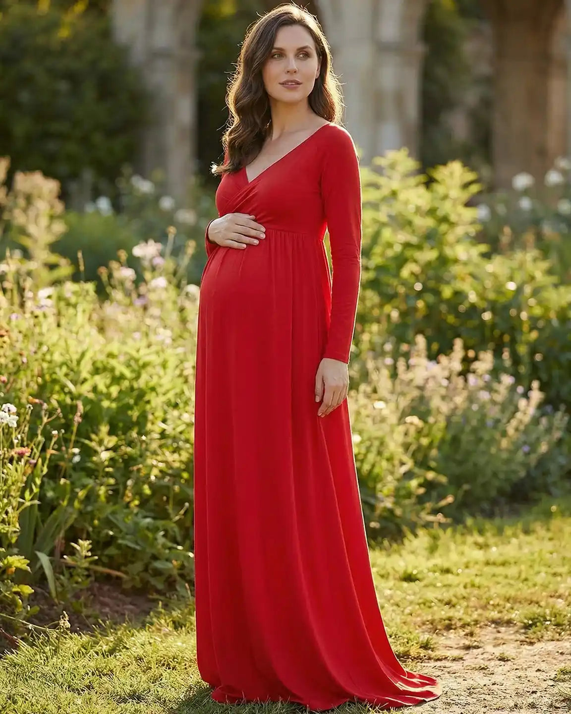 Long-Sleeve Full Train Maternity Maxi Dress