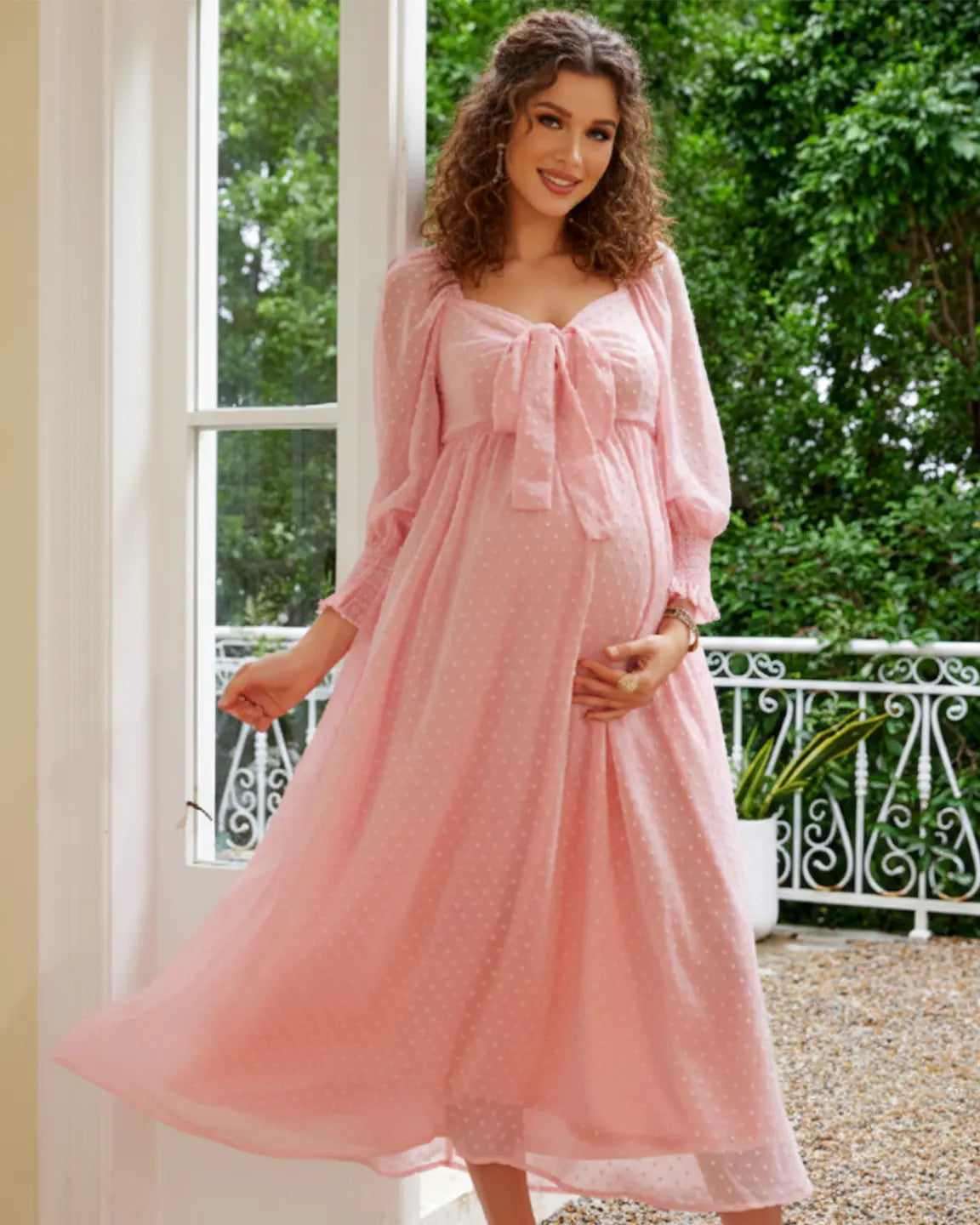 Long-sleeve Polka-dot Maternity Maxi Dress