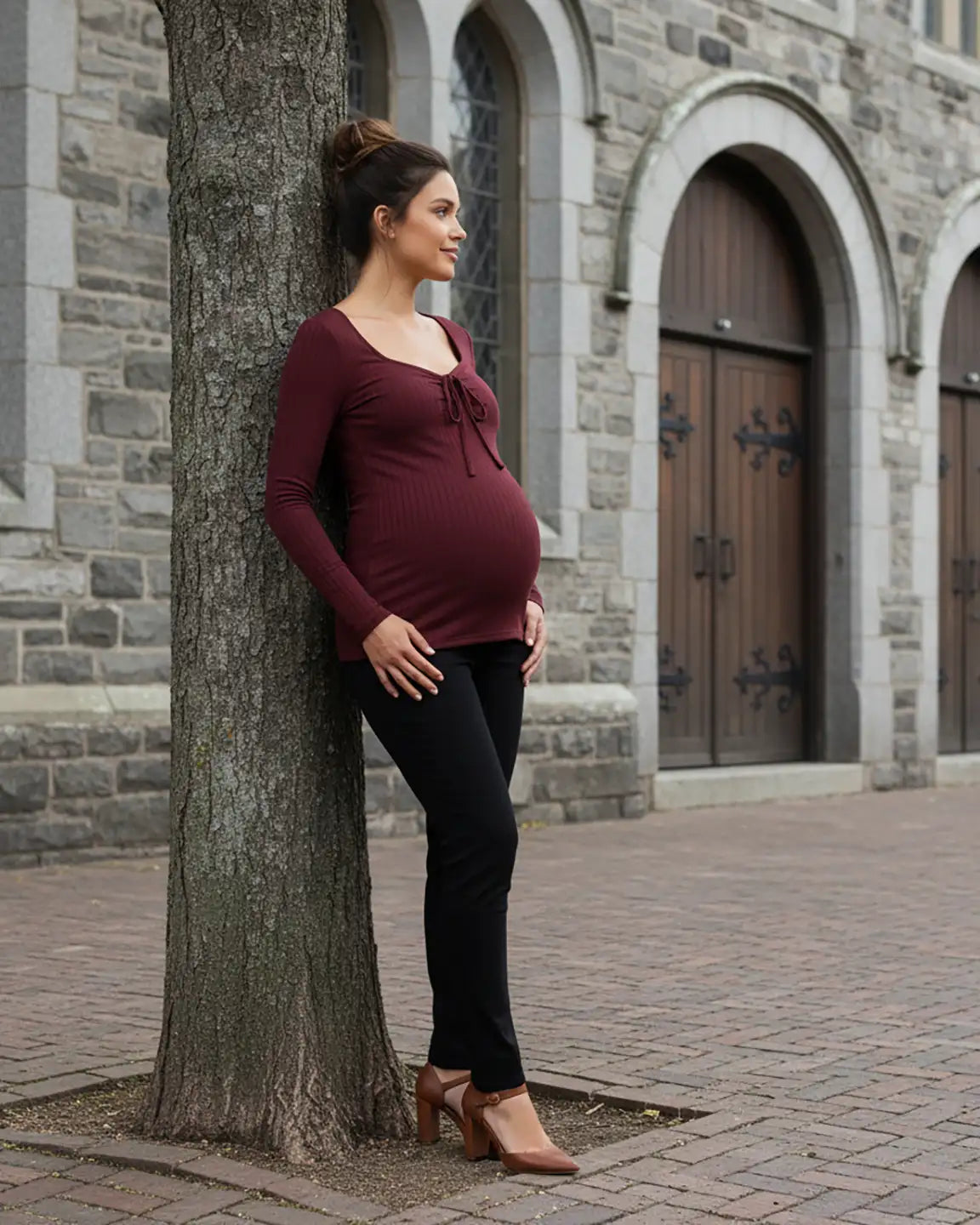 Ribbed Knit Tie Detail Square Neck Maternity Top