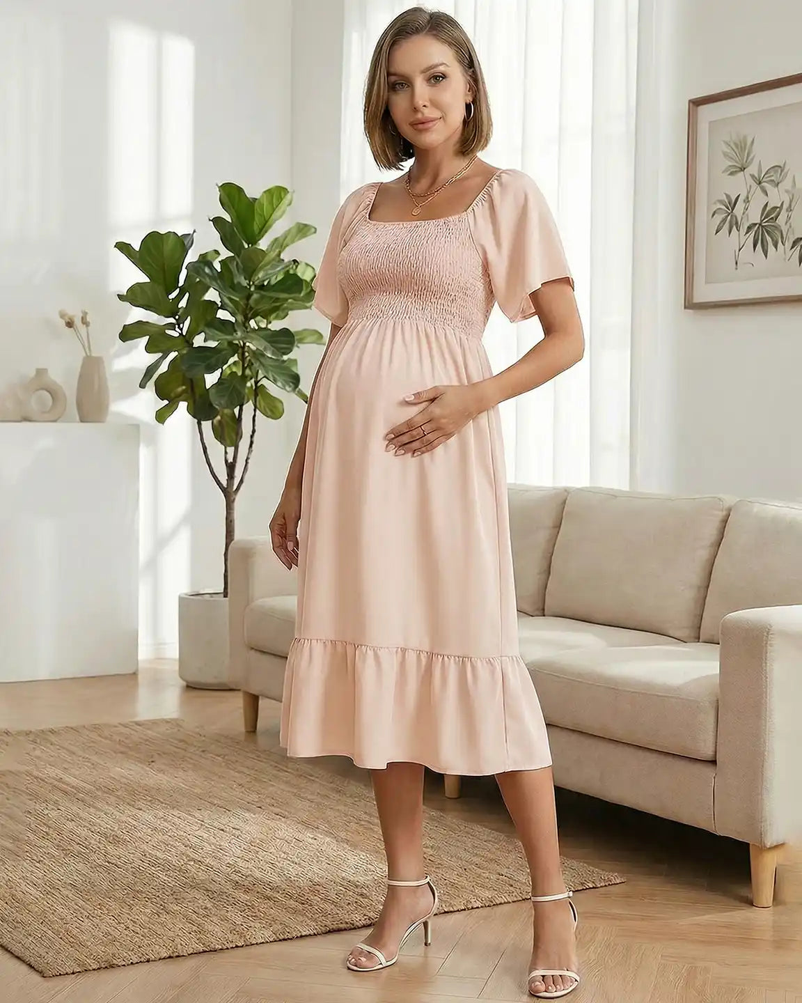 Smocked Square Neck Ruffled A-line Maternity Dress