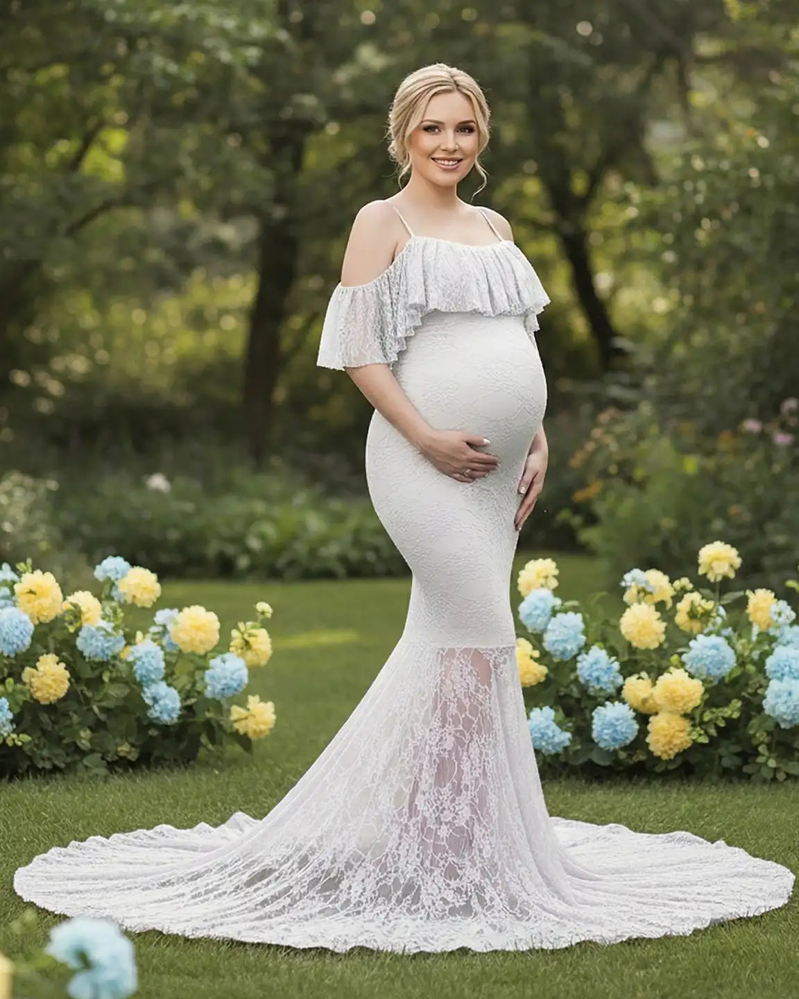 Off-Shoulder Lace Mermaid Maternity Gown