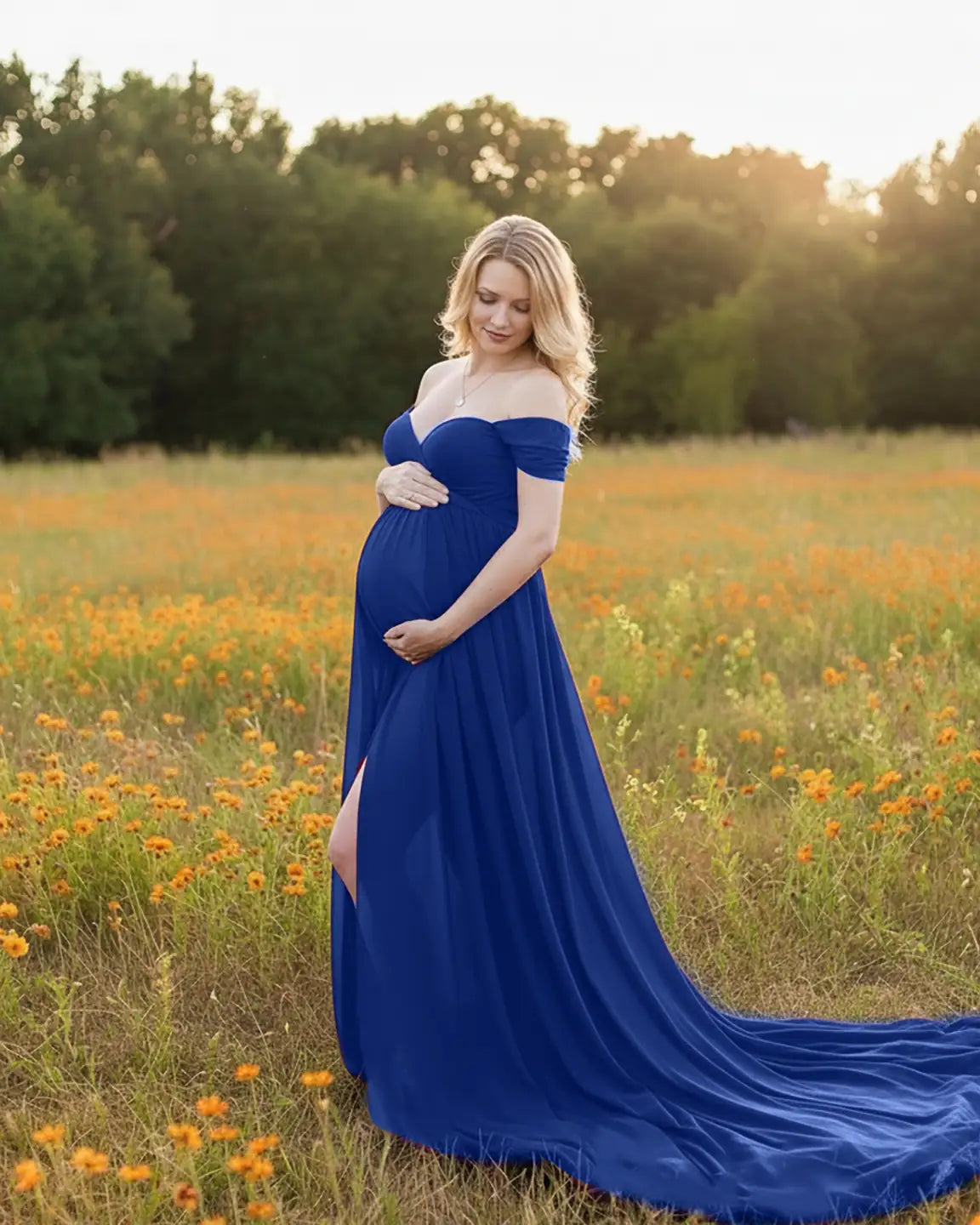 Off Shoulder Laced Flowing Maternity Maxi Dress