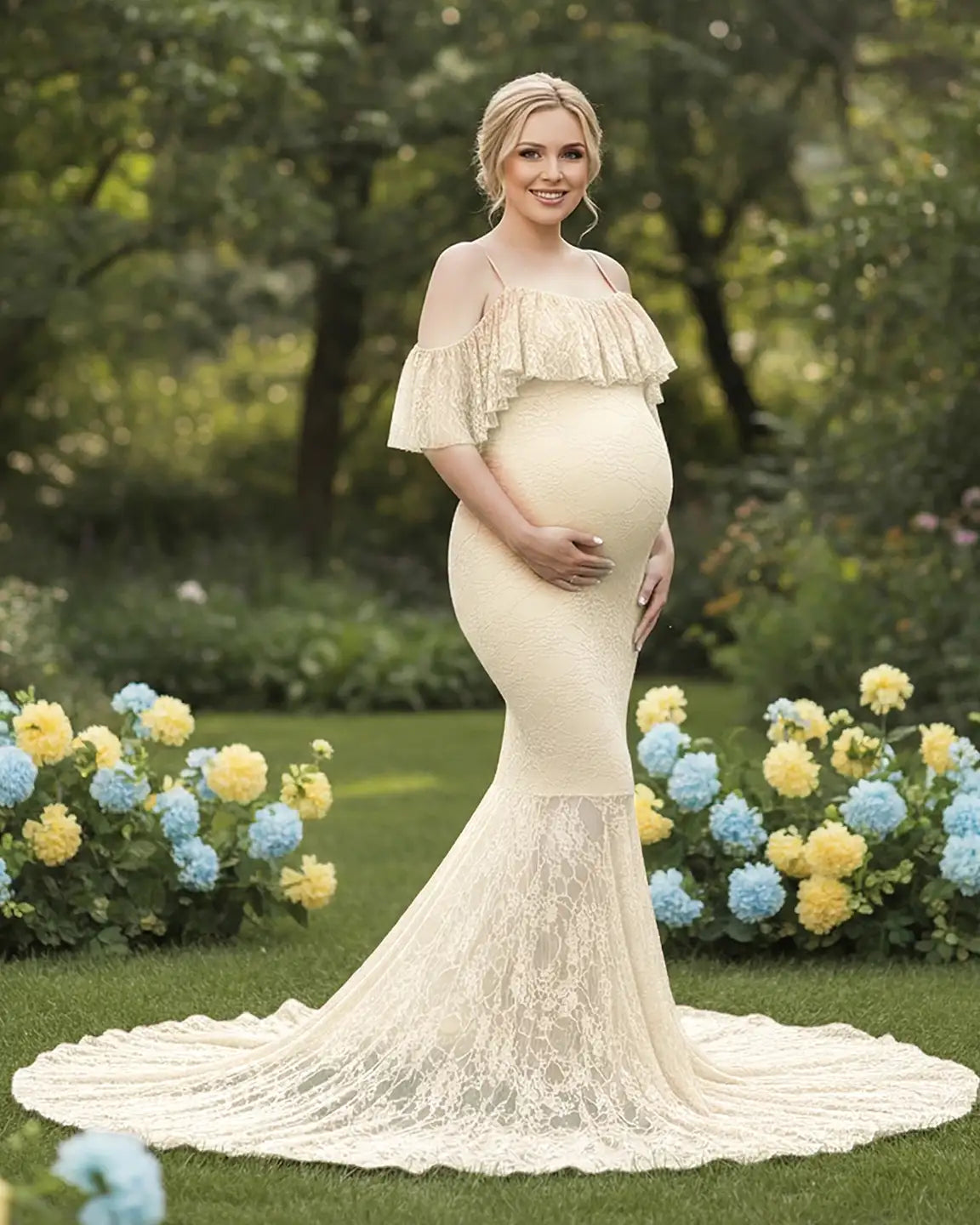 Off-Shoulder Lace Mermaid Maternity Gown