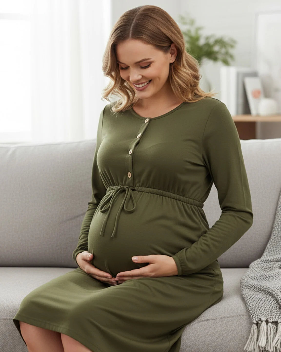 Button-Front Drawstring Waist Maternity Dress