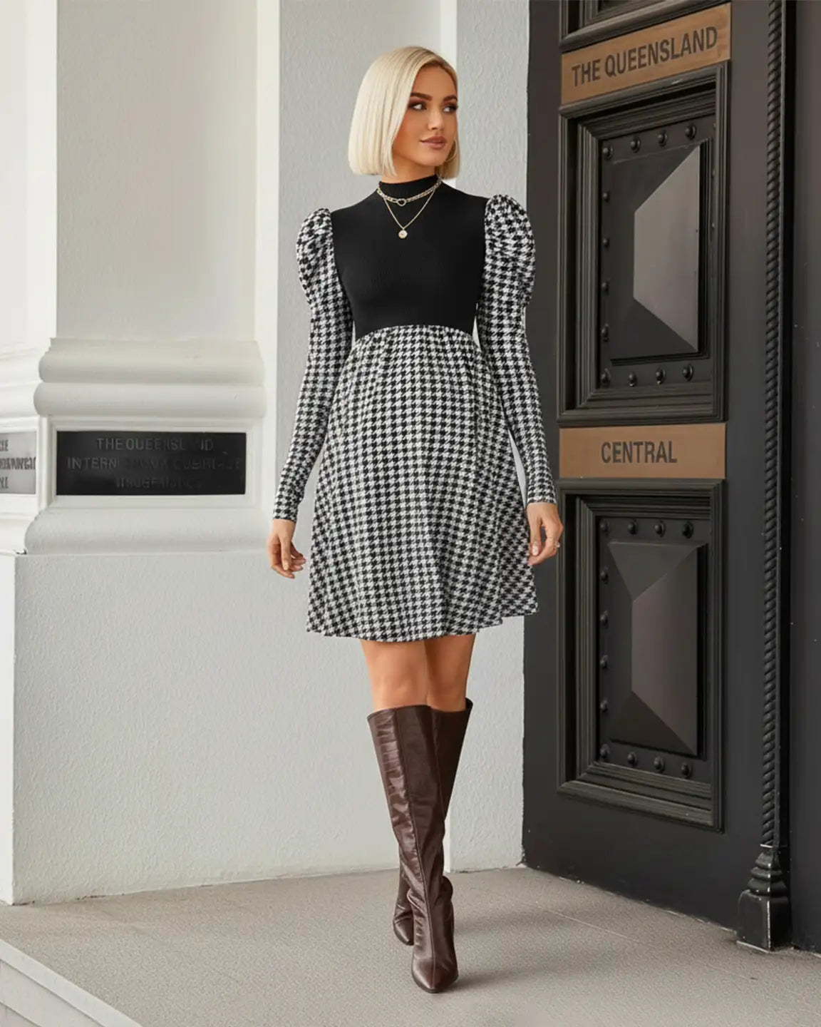 Houndstooth Pattern Elegant Maternity Short Dress