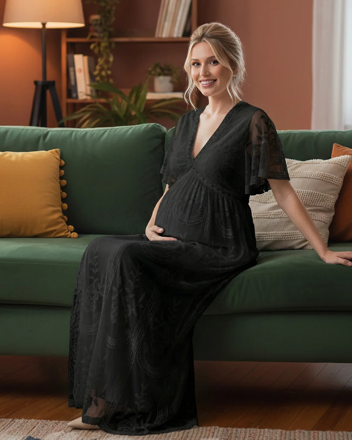 Sheer-Lace Romantic Maternity Maxi Dress