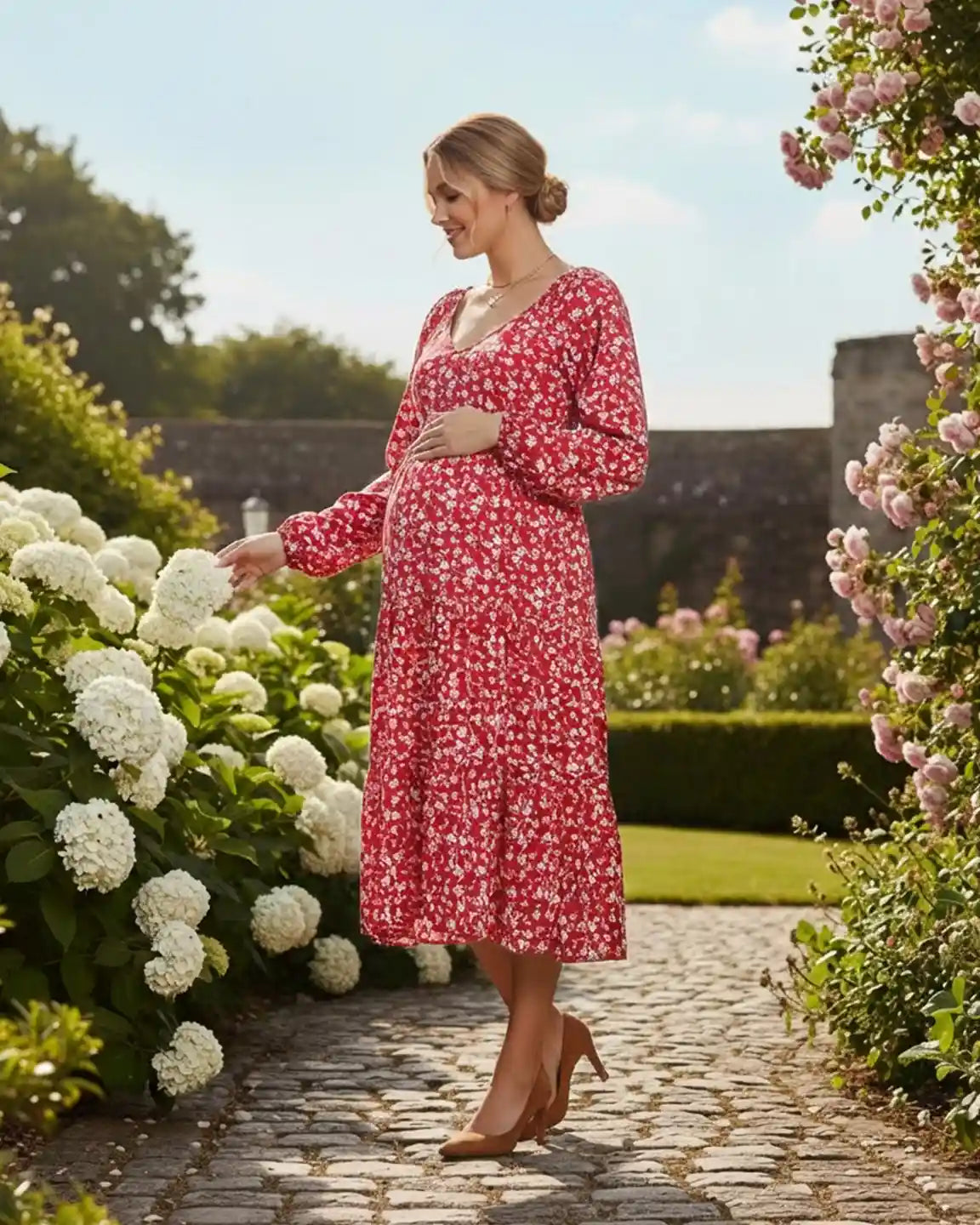 Deep V-Neck Floral Maternity Midi Dress