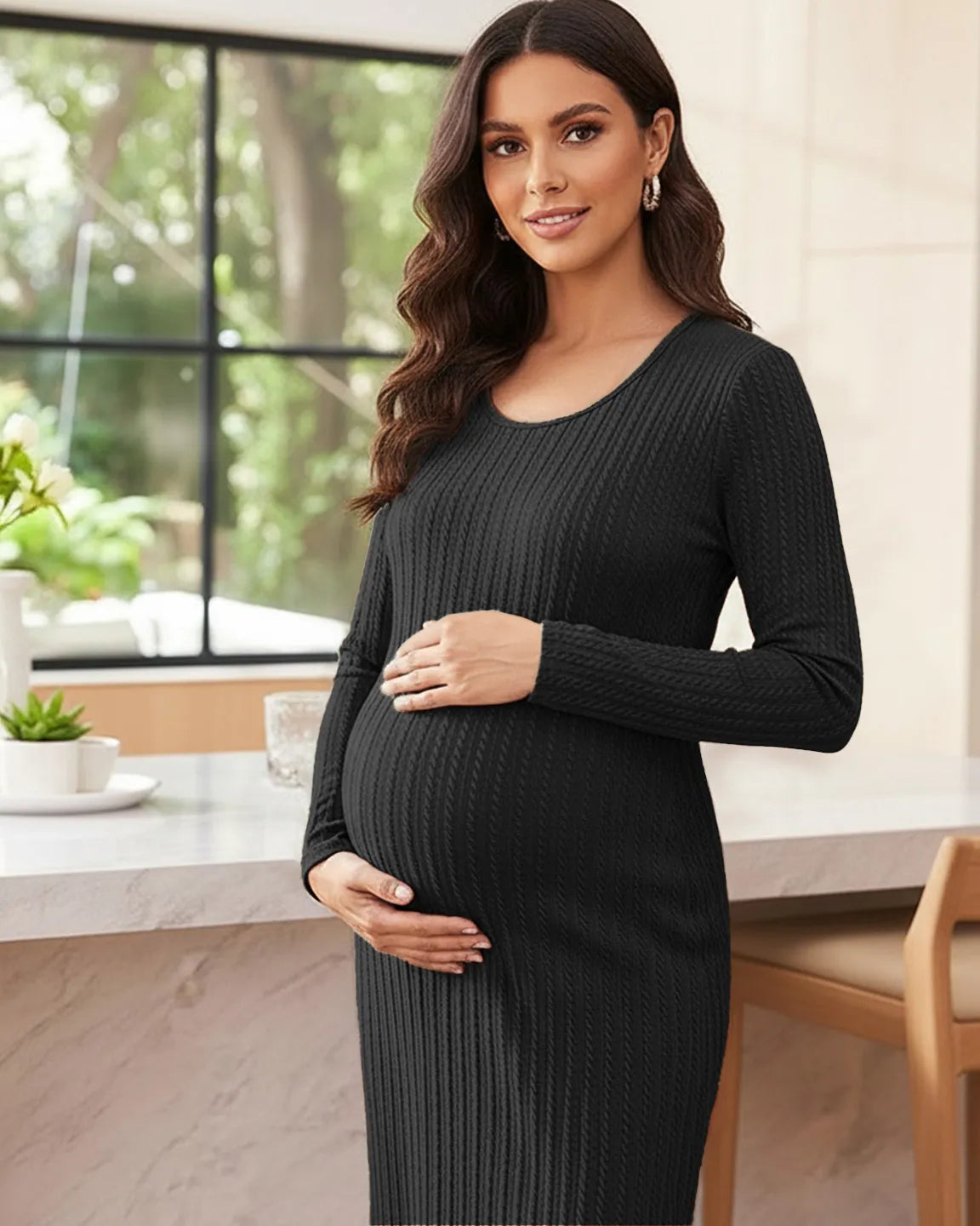Ribbed Knit Casual Maternity Midi Dress