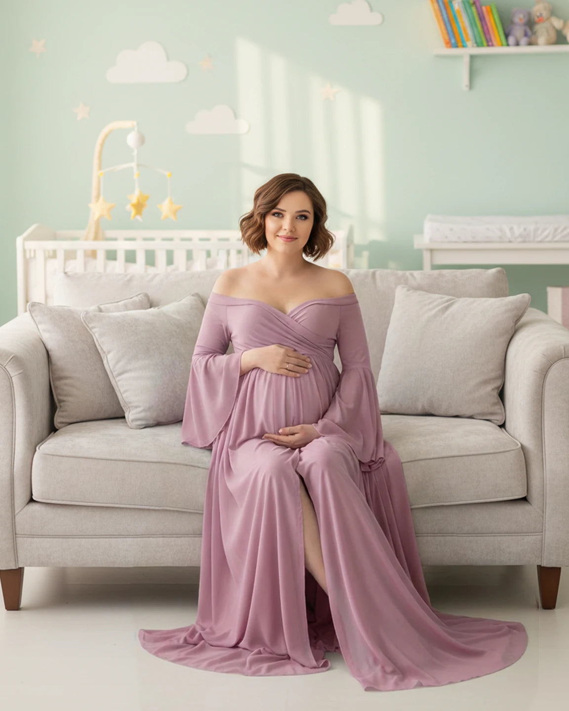 Bell Sleeves Super Long Train Maternity Photoshoot Gown
