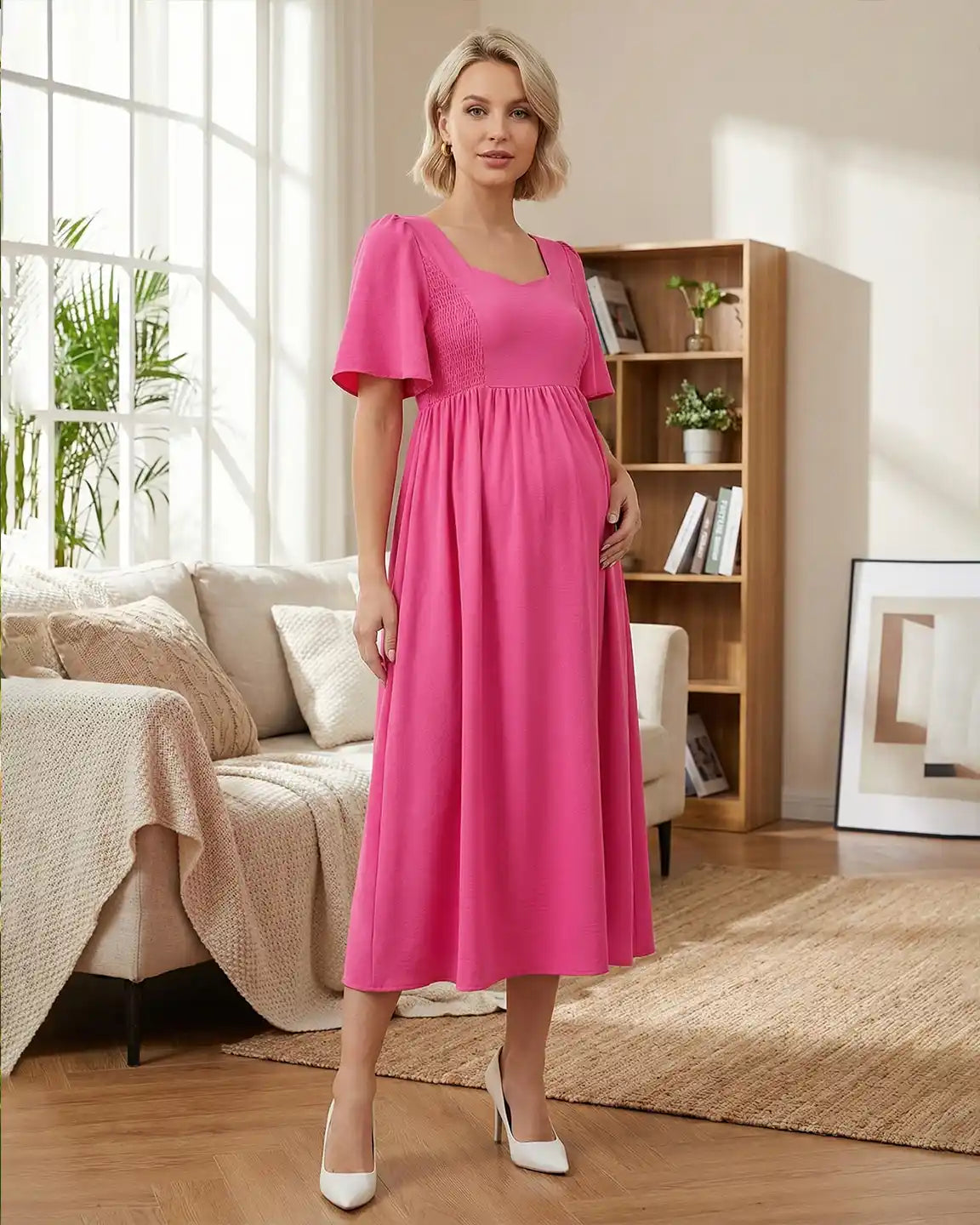 Shirred Ruffle Sleeve Swing Maternity Midi Dress