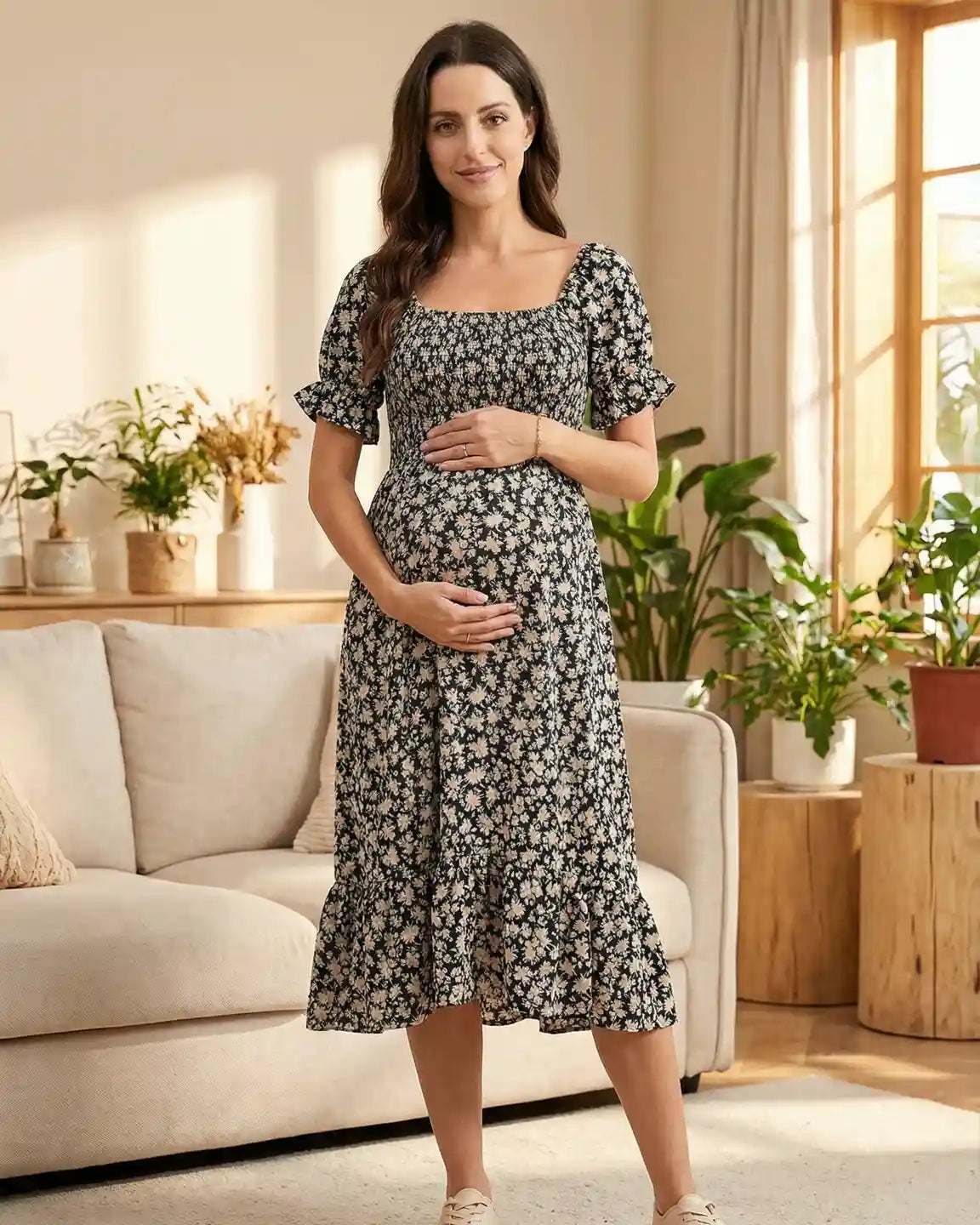 Smocked Bodice Boho Casual Maternity Midi Dress