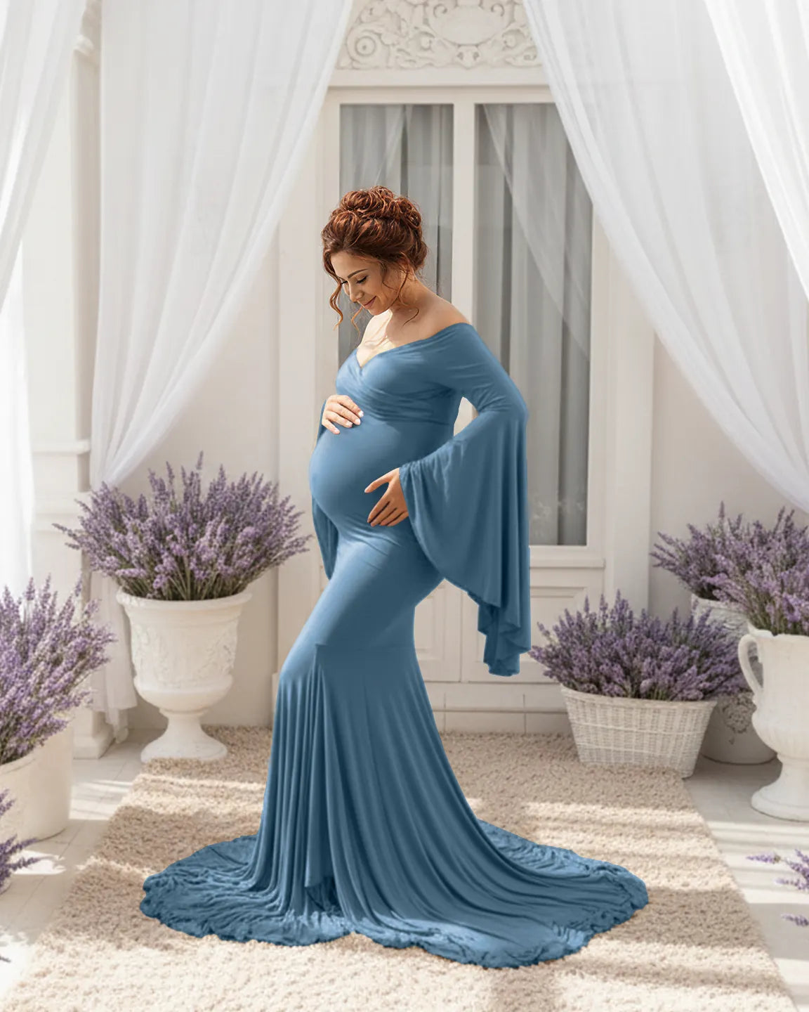 Flared Sleeve Fishtail Train Maternity Photoshoot Dress