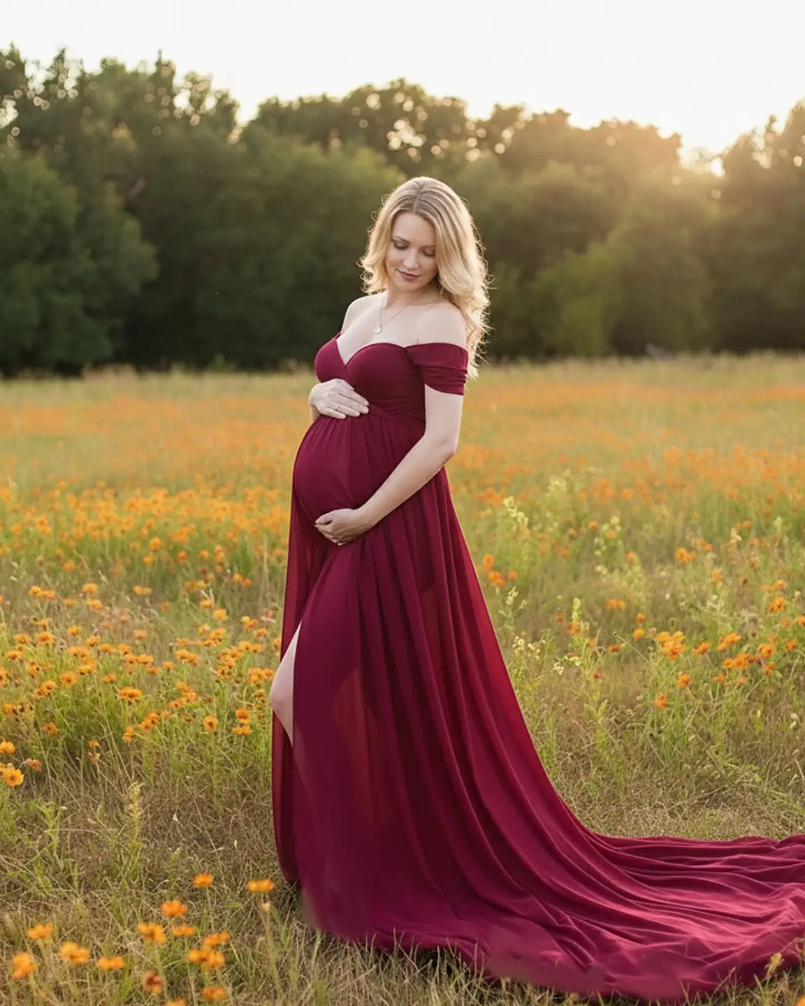 Off Shoulder Laced Flowing Maternity Maxi Dress