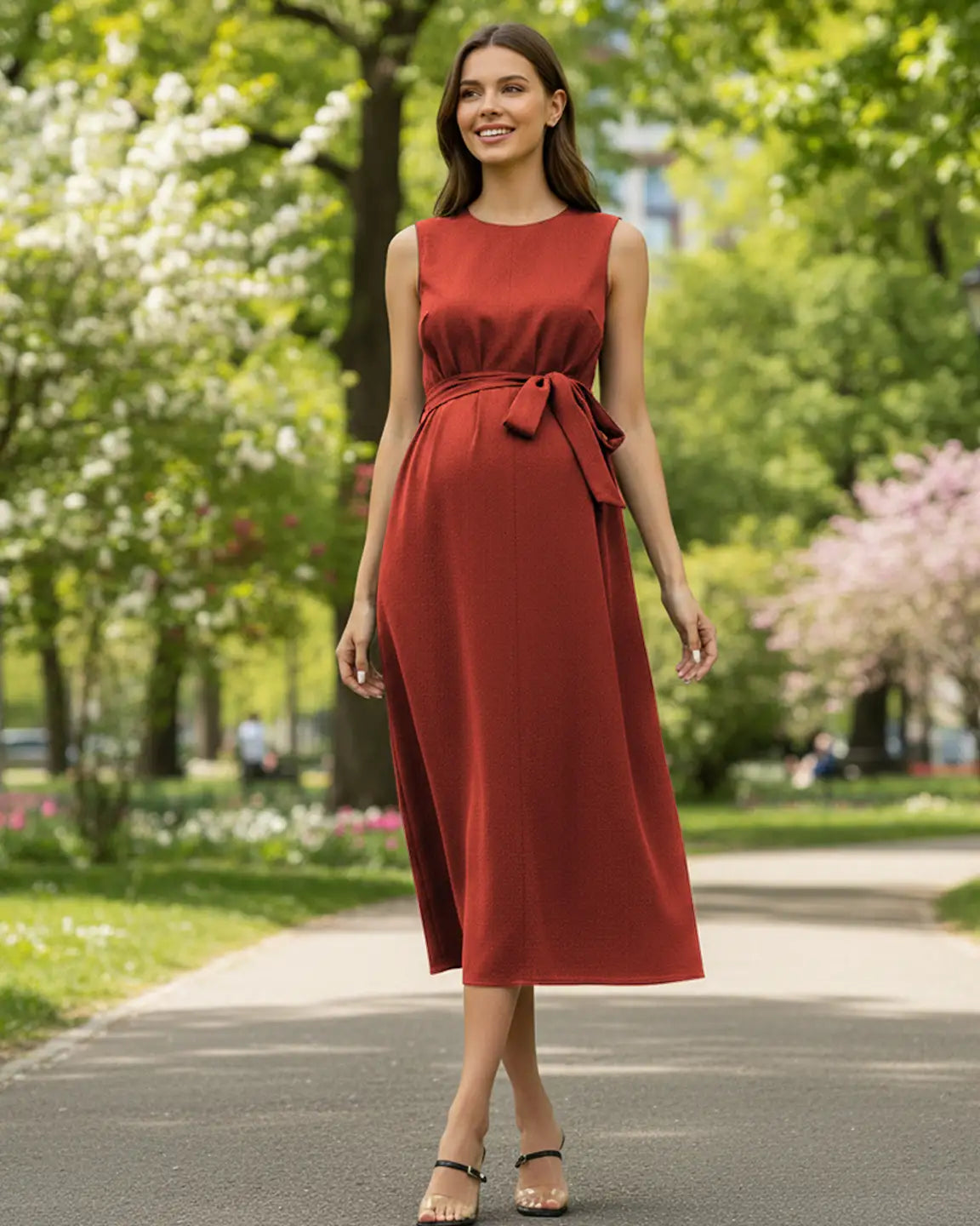Tie-Waist V-Neck Maternity Midi Dress