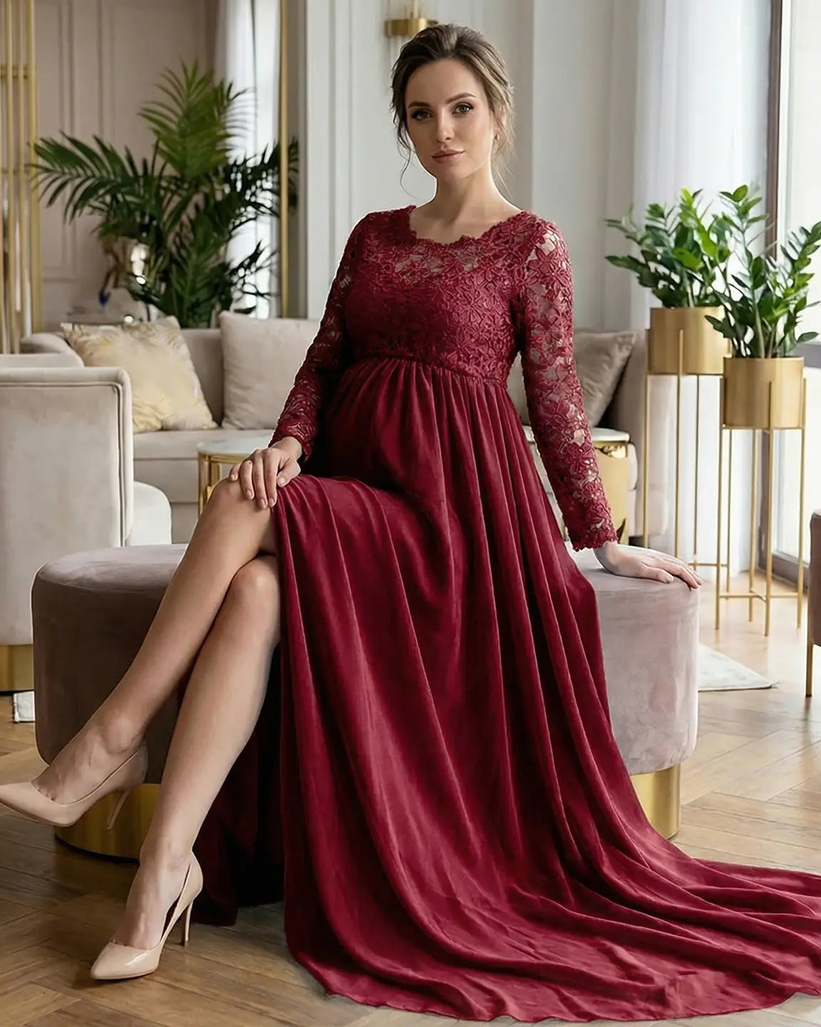 Lace Bodice Trailing Skirt Maternity Photoshoot Gown