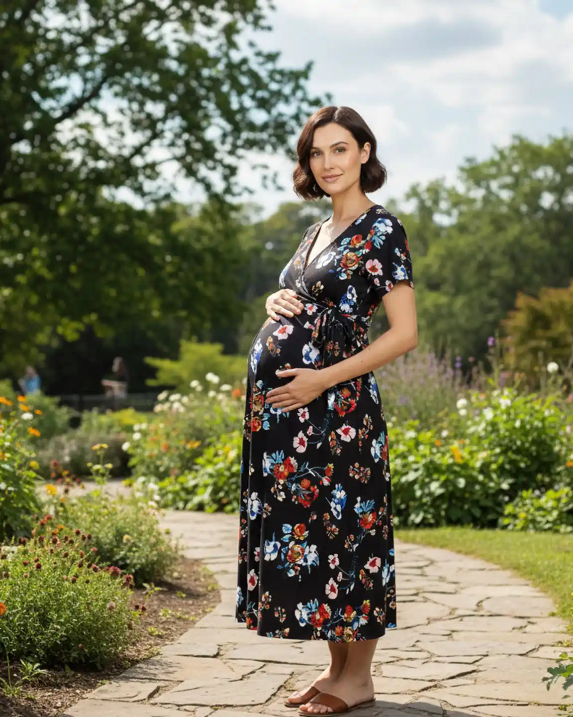 V-Neck Wrap Style Floral Maternity Maxi Dress