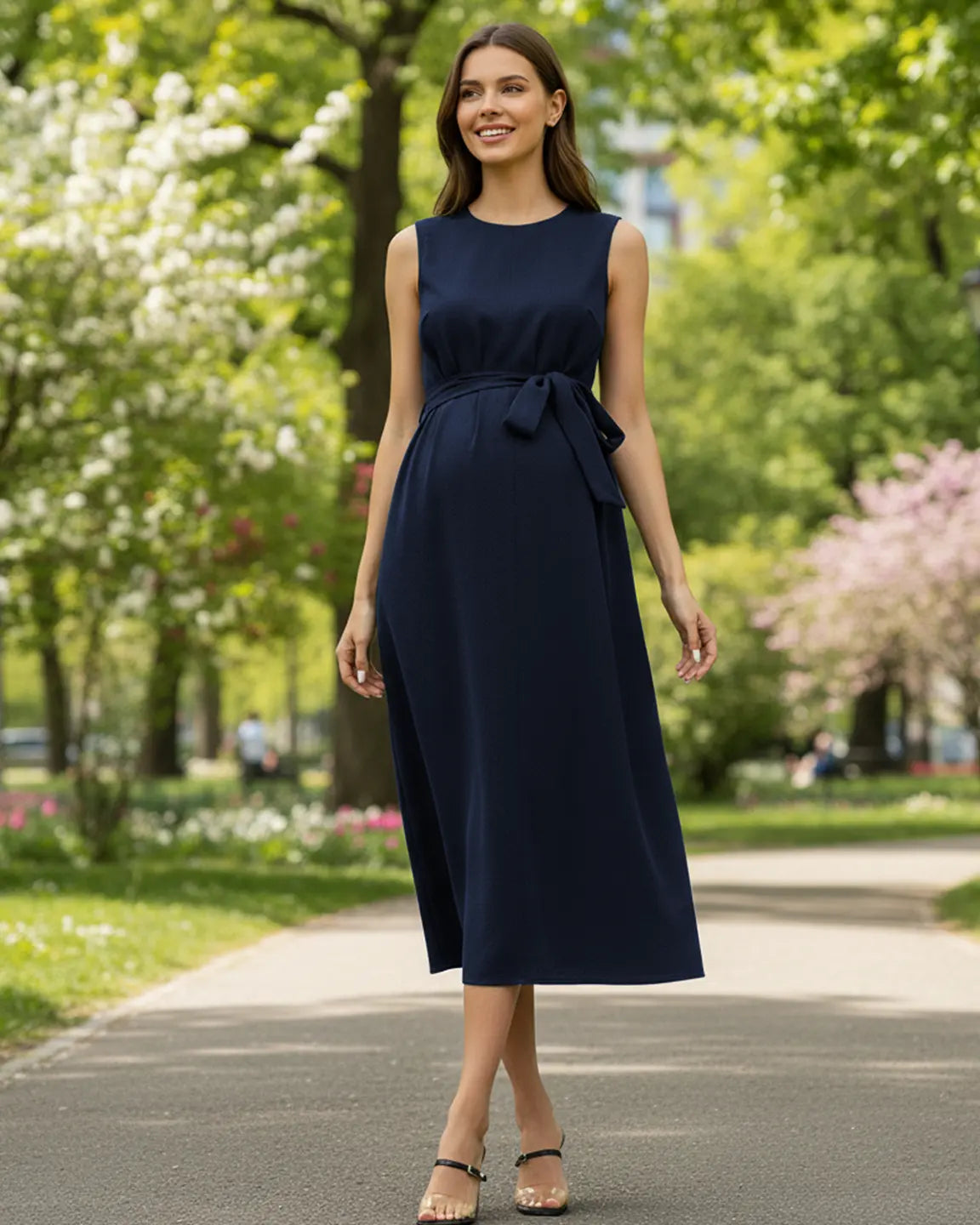 Tie-Waist V-Neck Maternity Midi Dress