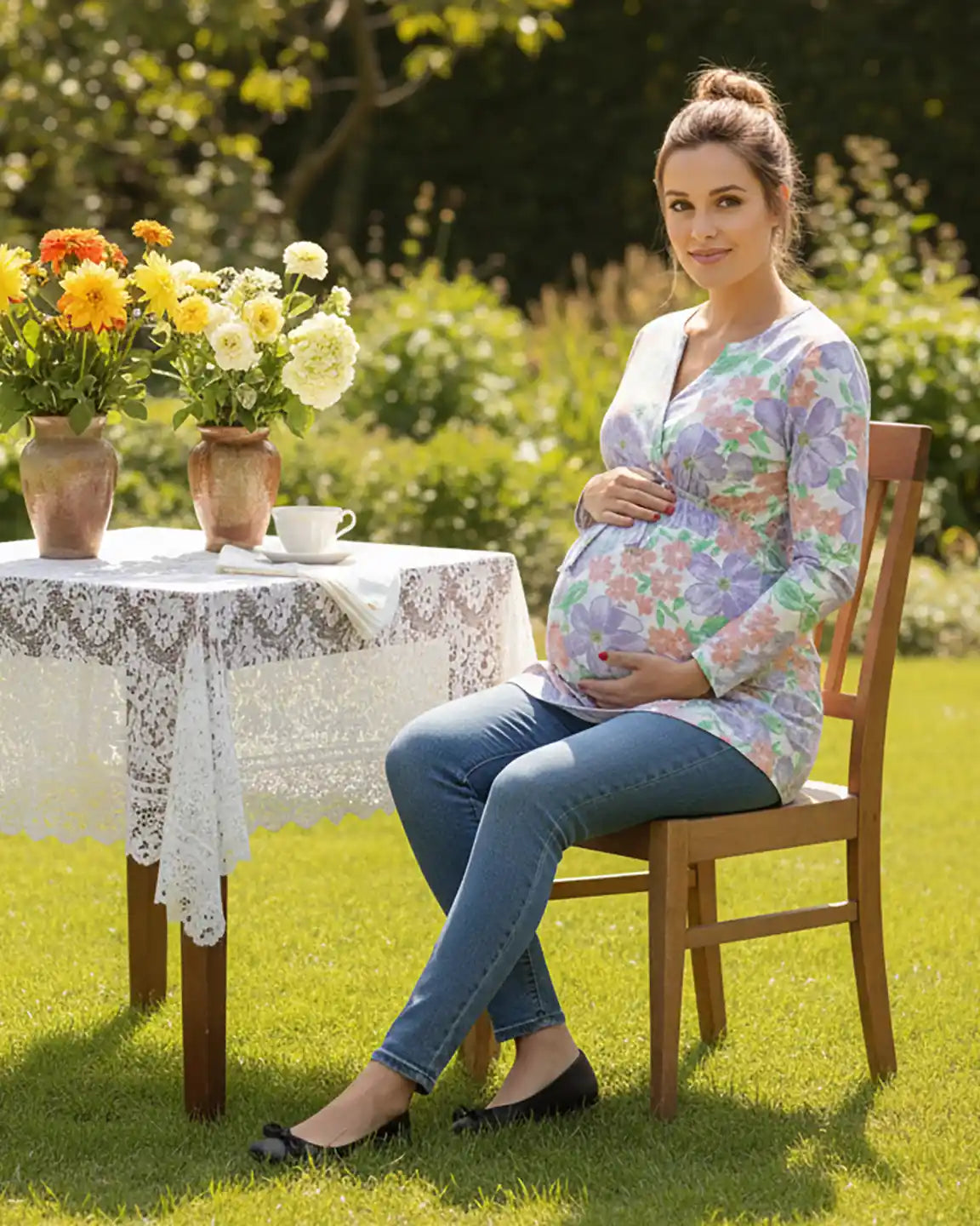 Bow Tie Detail Casual Floral Maternity Top