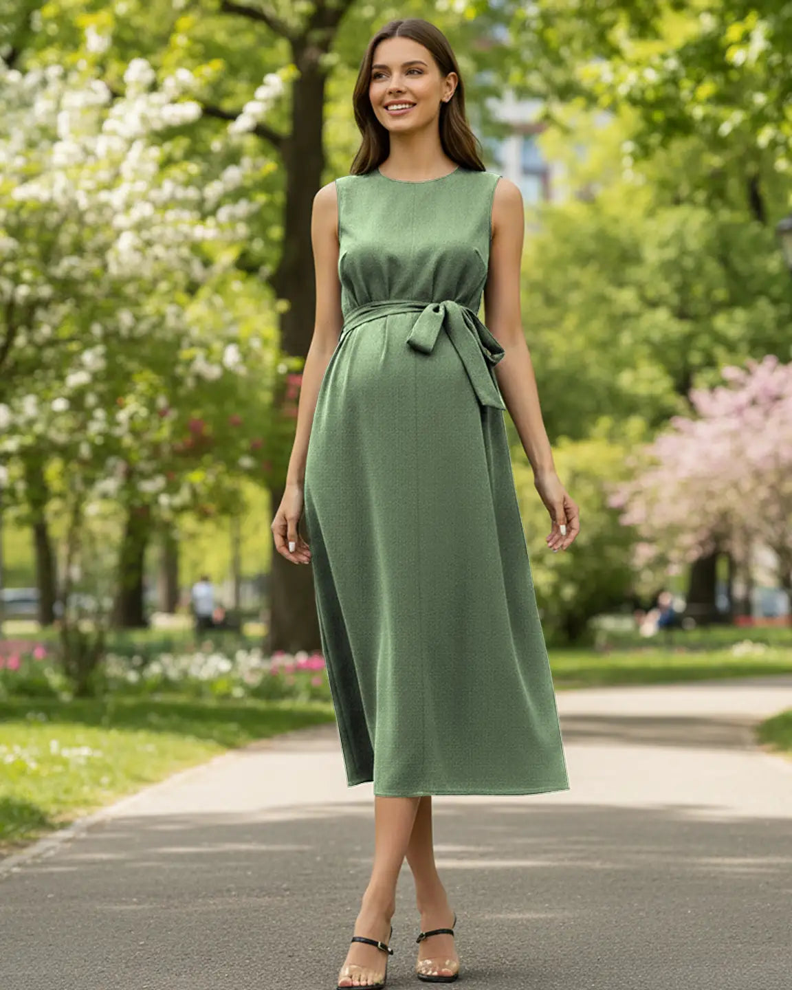 Tie-Waist V-Neck Maternity Midi Dress